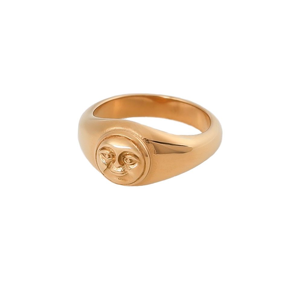 SHELAGO Siegelring - Moon Smile Ring, Damenring aus vergoldetem Edelstahl (1 Ring, inkl. Schmuckverpackung), vergoldeter Edelstahlring für Damen mit grinsendem Mondmotiv