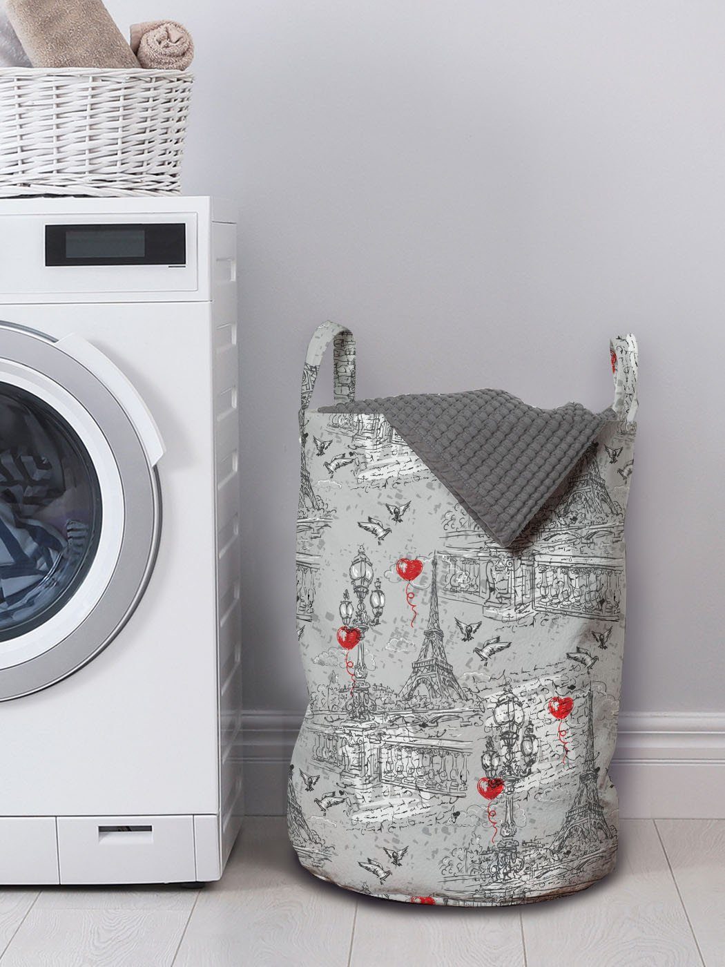 Wäschesäckchen Kordelzugverschluss mit Wäschekorb Griffen Waschsalons, Tauben Eiffel Seine und für Abakuhaus