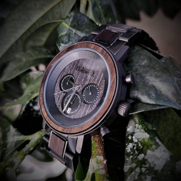 Holzwerk Chronograph BERNBURG Herren Uhr mit Edelstahl & Holz Armband in schwarz, grau