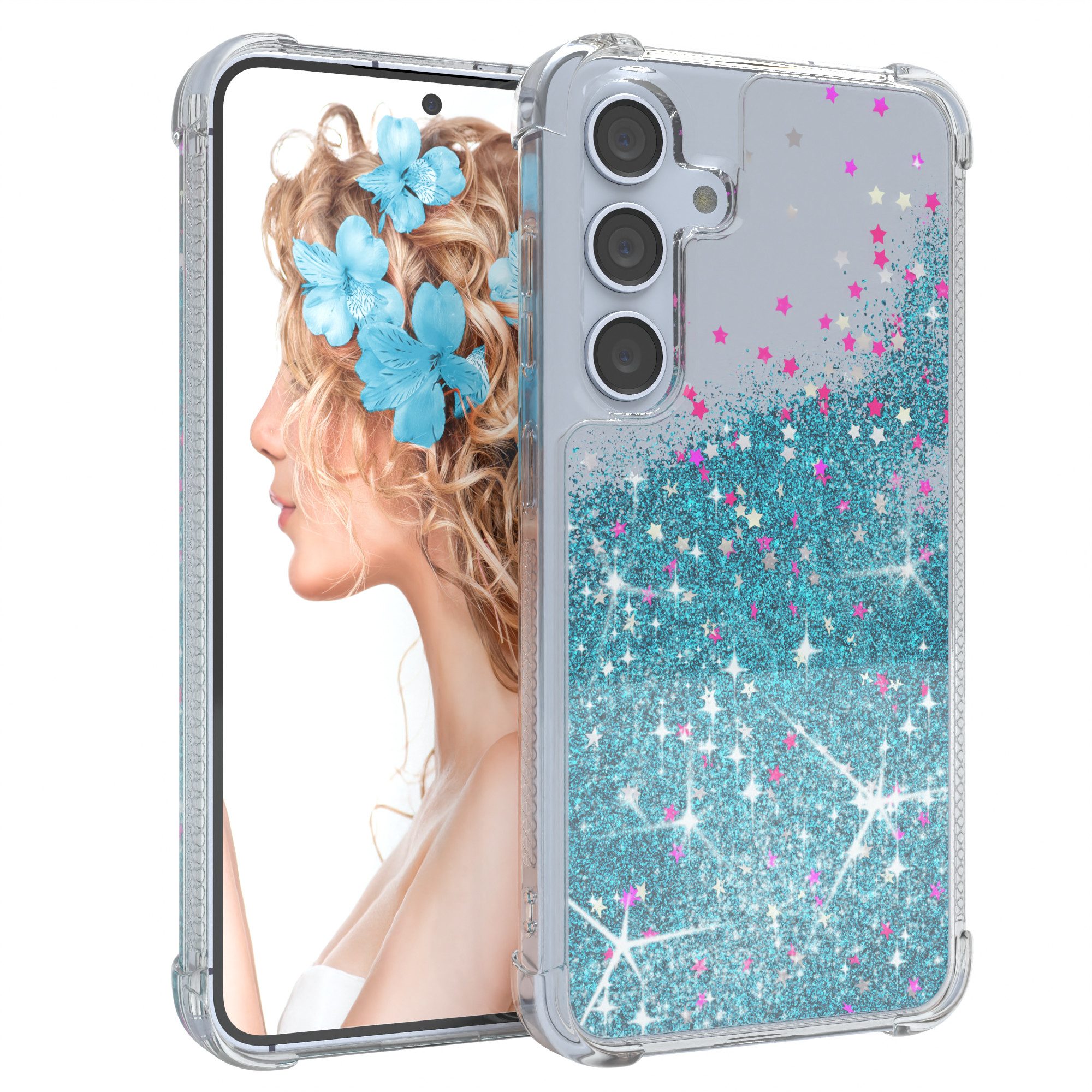 EAZY CASE Handyhülle Liquid Glittery Case für Samsung Galaxy S24 6,2 Zoll, Gloss Slimcover Girly Backcover Bling Phone Case kratzfeste Cover Blau