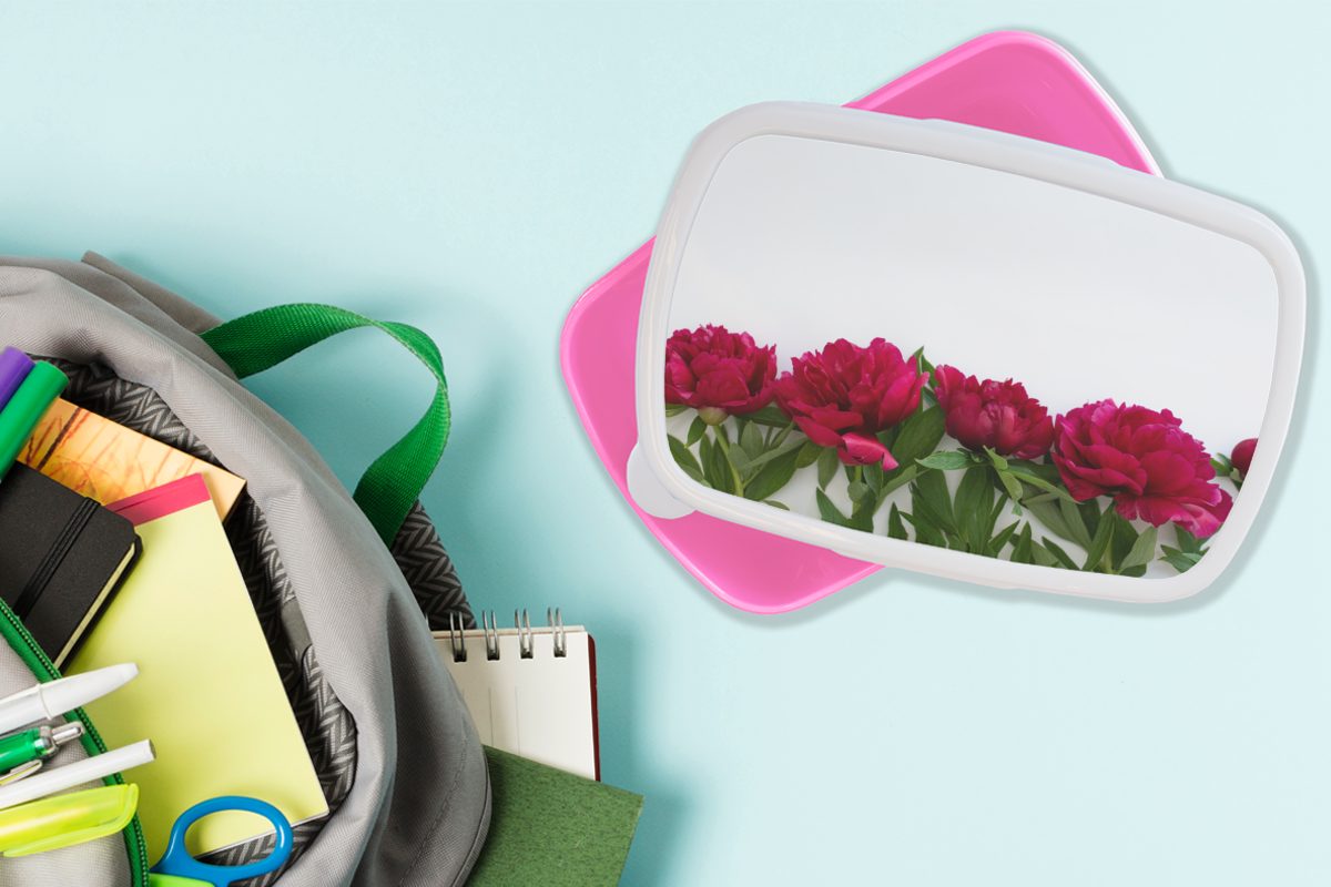 Snackbox, für roten Kunststoff, Kunststoff Lunchbox Erwachsene, rosa Brotbox MuchoWow Eine von Kinder, Reihe Pfingstrosen, Mädchen, (2-tlg), Brotdose