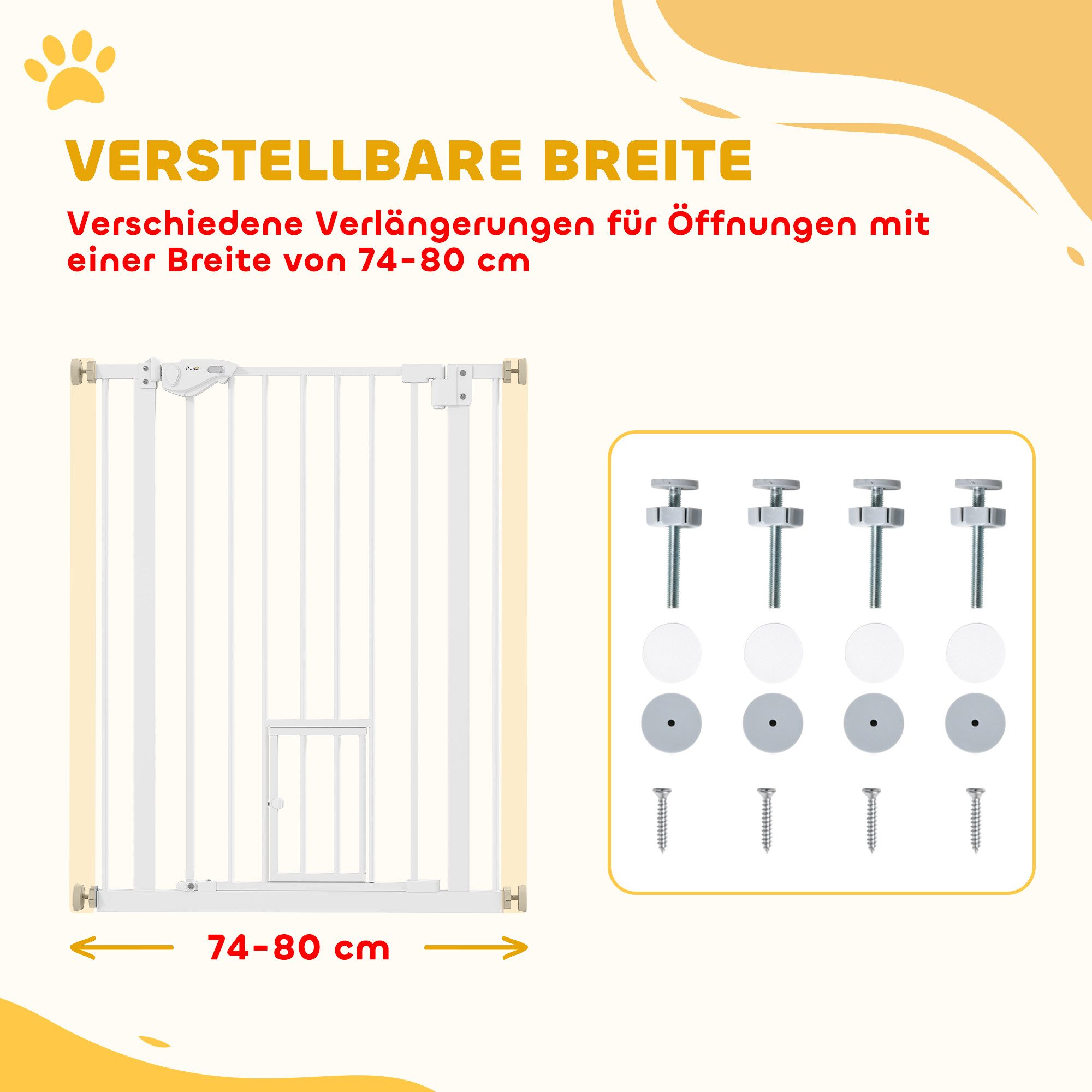 PawHut Hundegitter Türschutzgitter Ohne Bohren mit Auto-Close, Einhand Öffnung (Hunde Treppenschutzgitter, 1 St., Schutzgitter für Haustier), Weiß 74-80 x 5 x 9 – Bild 4 von 5