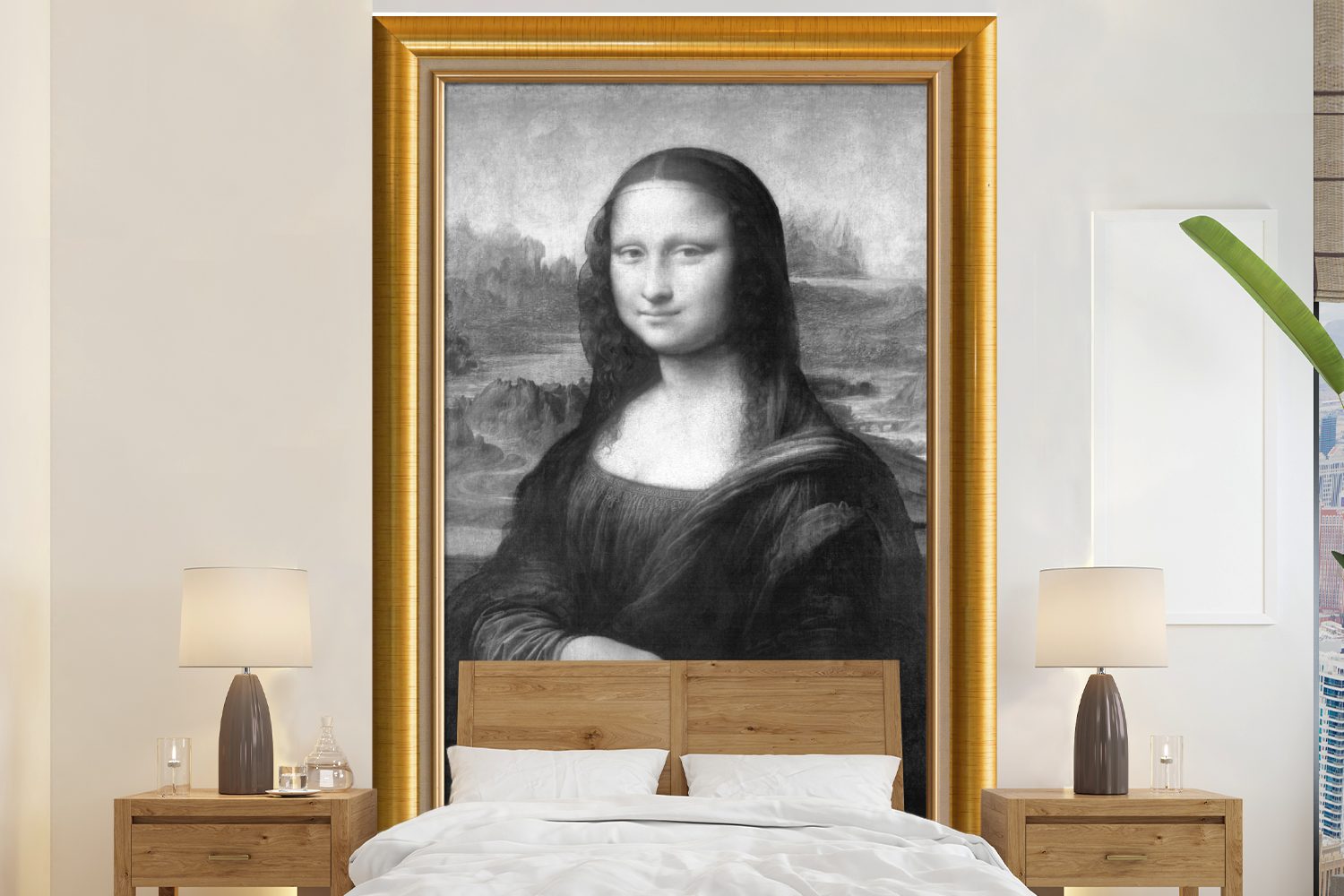 MuchoWow Fototapete Mona Lisa - Leonardo Da Vinci - Gold - Liste, Matt, bedruckt, (3 St), Montagefertig Vinyl Tapete für Wohnzimmer, Wandtapete