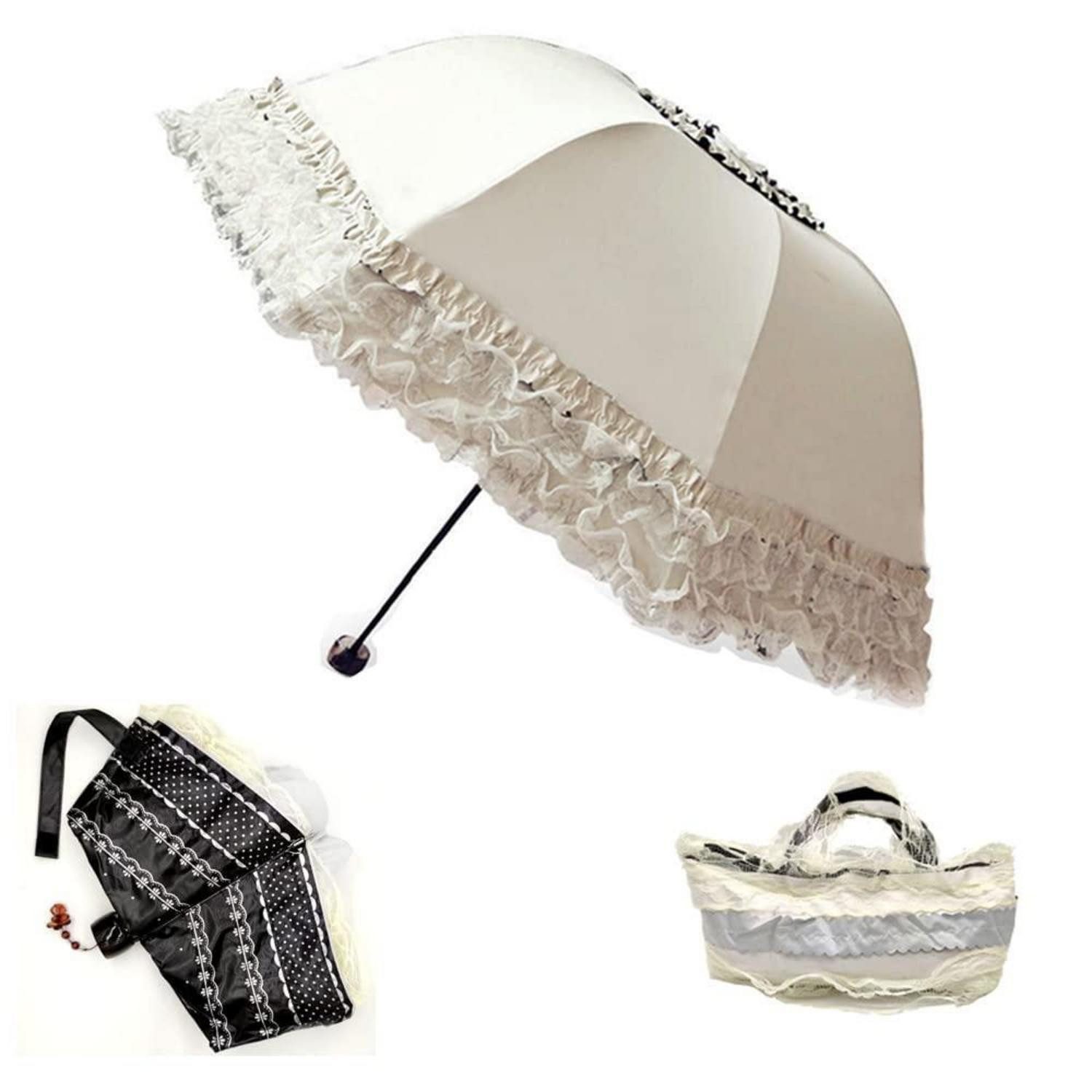 LuxusKollektion Taschenregenschirm Sonnenschirm faltbar Spitzenoptik Weiss