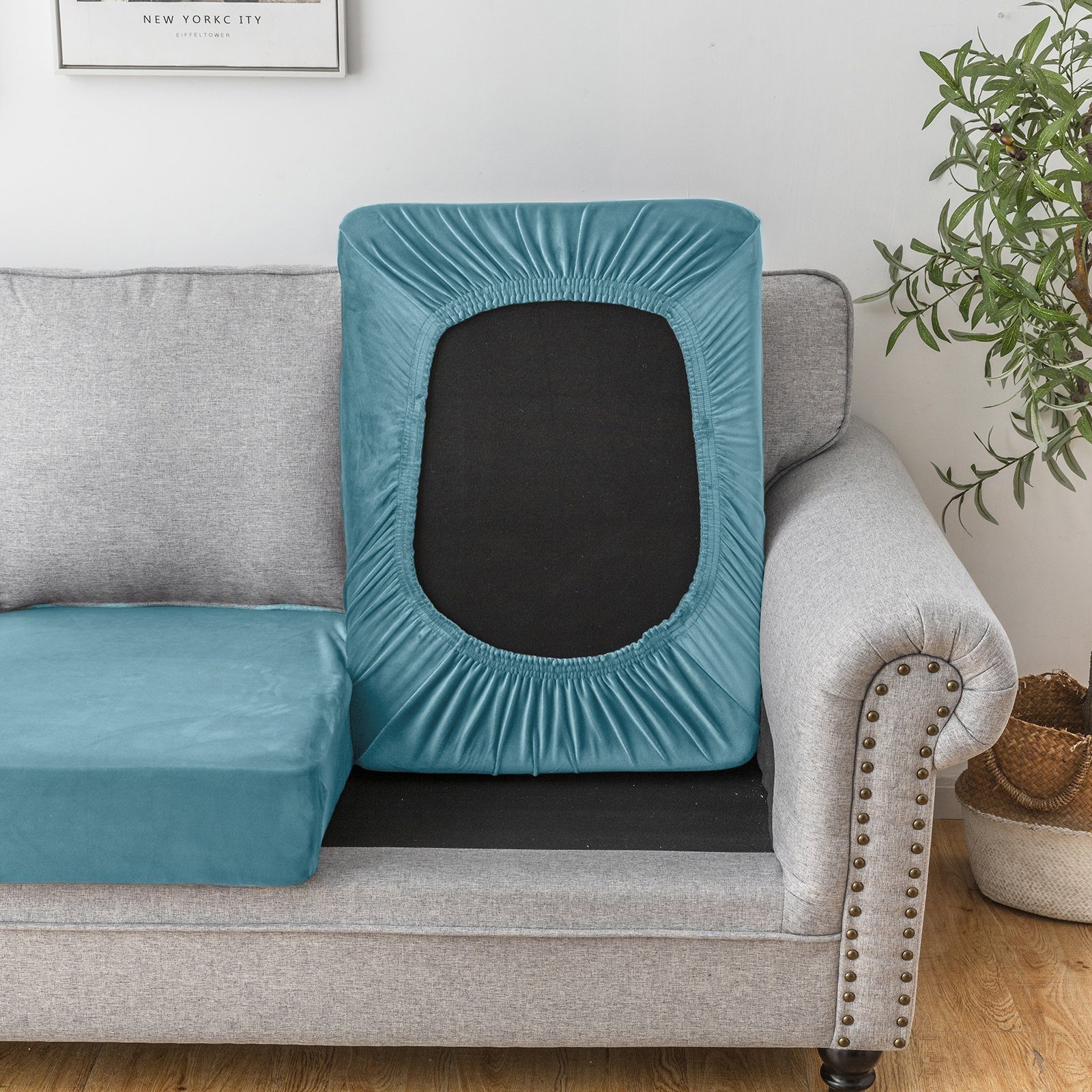 Sofahusse Samt, Stretch, elastischer Sofa, für mit Rosnek Blau Unterseite