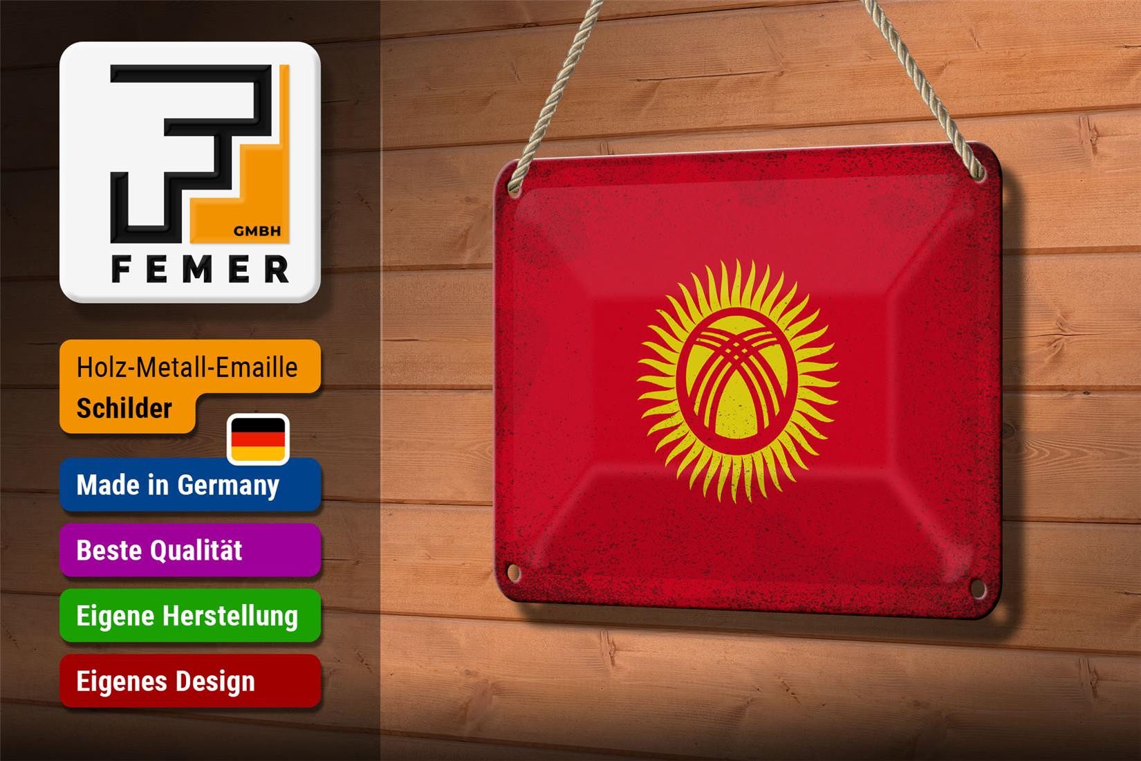 Femer GmbH Metallschild Flagge Kirgisistan 18x12cm Kyrgyzstan Vintage, (1 St), gewölbte Oberfläche, abgerundete Ecken, umgeschlagene Kanten