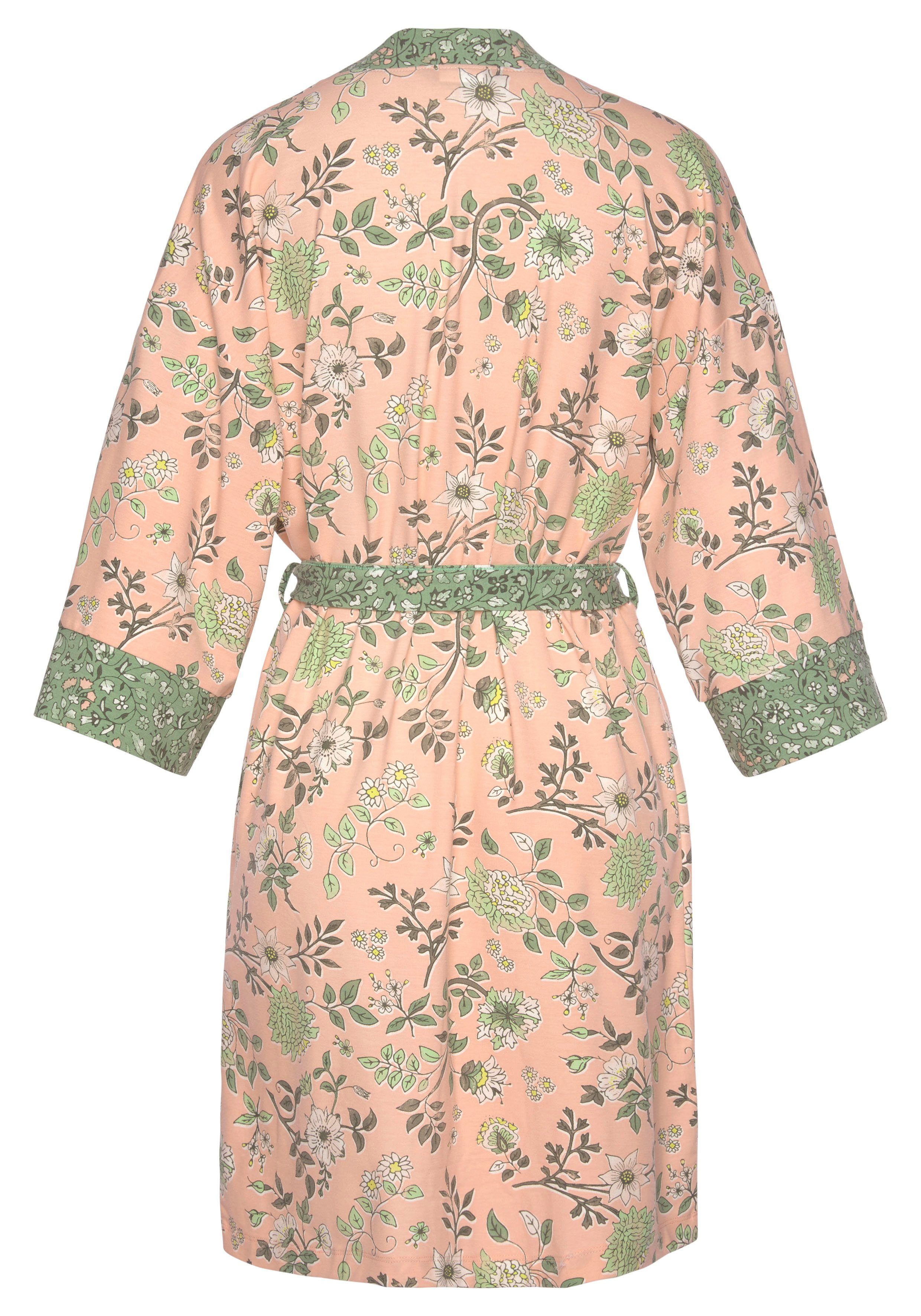 mit Allover-Druck Kimono, Kimono-Kragen, LASCANA Blumen Gürtel, Jersey, Kurzform, nude-schilfgrün