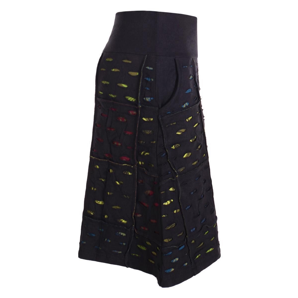 Vishes A-Linien-Rock Damen knielang Rock Baumwolle Cutwork Design A-Linie elastischer Bund Alternative Bekleidung, Ethno, Hippie, Retro Style