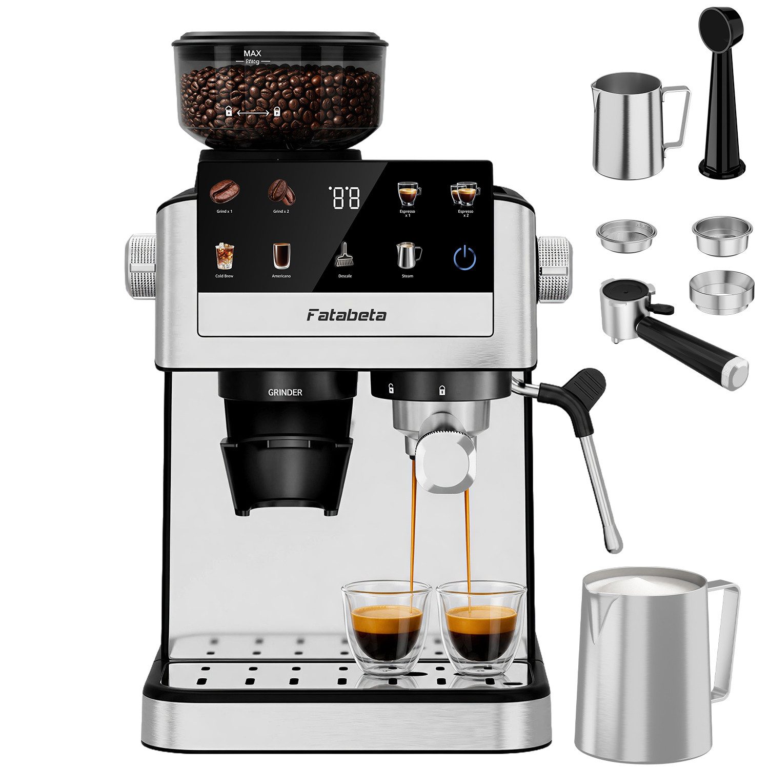 FATABETA Siebträgermaschine Espressomaschine 20 Bar Kaffeemaschine mit Mahlwerk bohnen & Milchaufschäumer, 30 Mahlgrade, Cold Brew, 1550W, Kapseladapter, für Zuhause