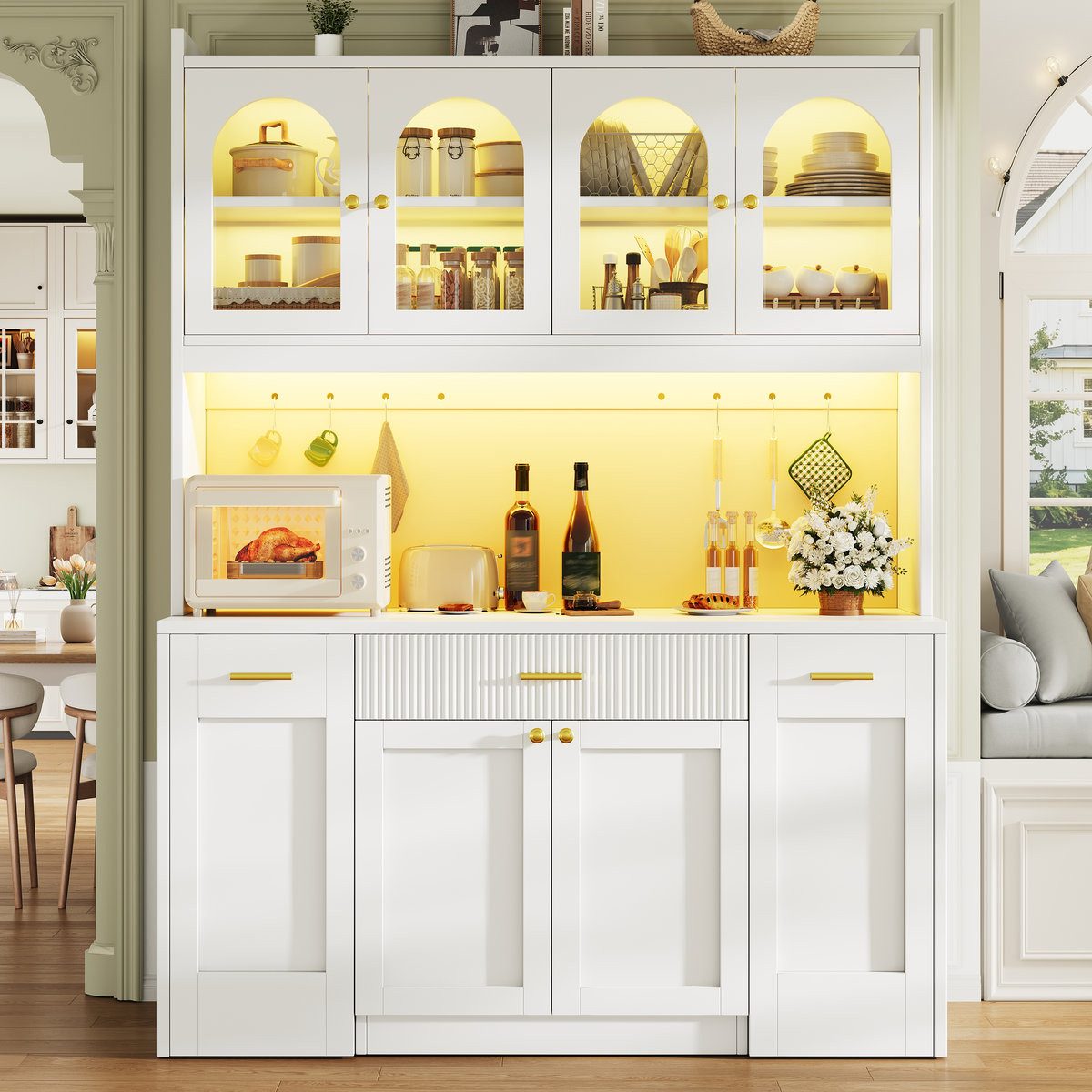 Odikalo Küchenbuffet Küchenschrank Buffetschrank mit LED Schublade und Roll-Ablagen (Hochküchenschrank 120cm mit RGB-LED, App-Steuerung, 3 Glasvitrinen, Schubkä – Bild 3 von 5