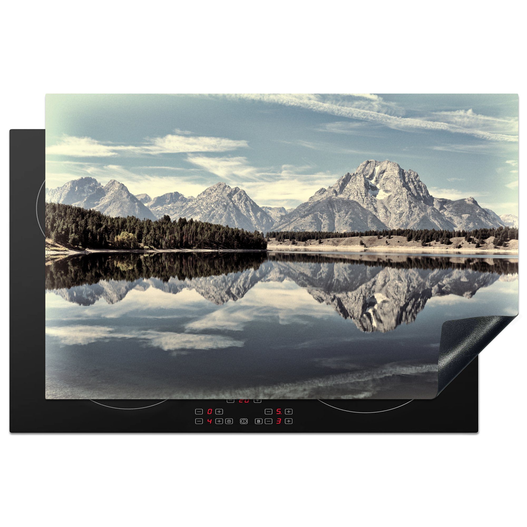 MuchoWow Herdblende-/Abdeckplatte Spiegelung der Teton-Berge im stillen Wasser, Vinyl, (1 tlg), 81x52 cm, Induktionskochfeld Schutz für die küche, Ceranfeldabdeckung