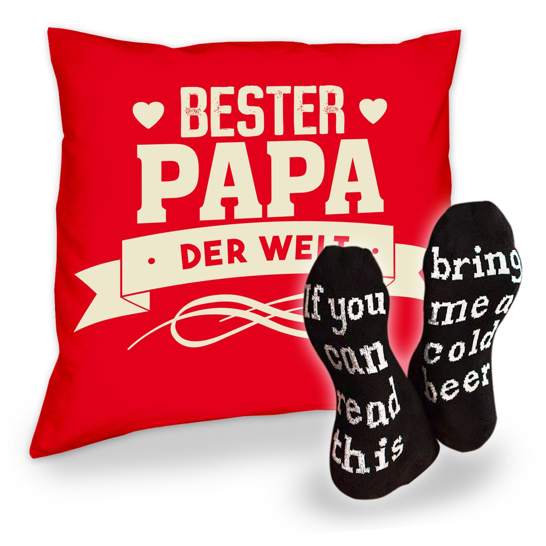 Soreso® Dekokissen Kissen Bester Papa der Welt und Socken mit Bier Spruch, Geschenk Geburtstagsgeschenk rot