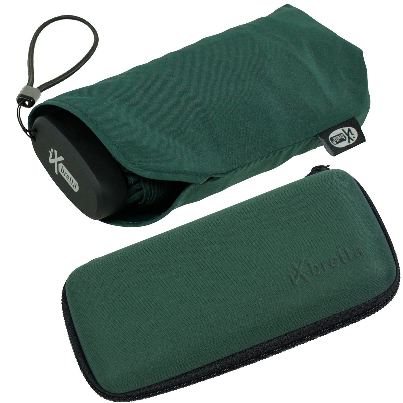 Taschenregenschirm 15 iX-brella dunkelgrün - Softcase-Etui mit Mini pineneedle Handy cm Format, winziger green im ultra-klein, Schirm Ultra