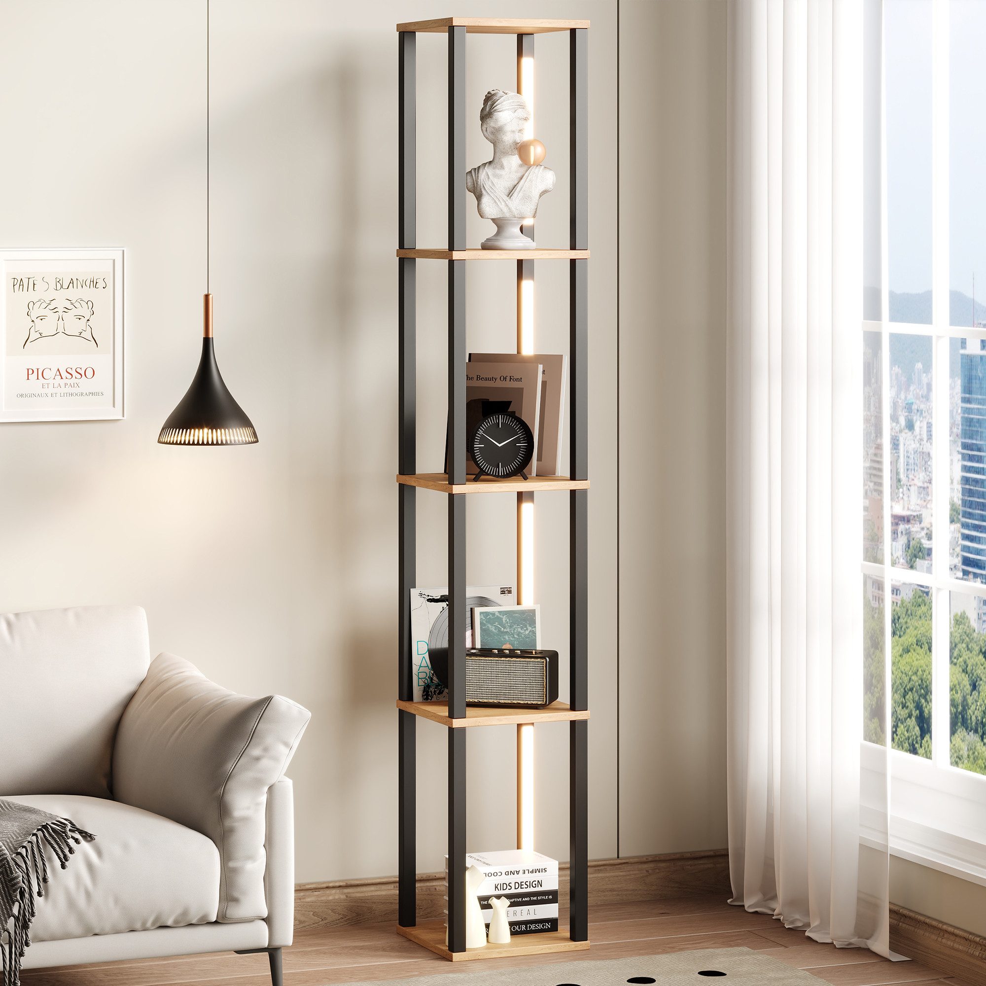 Flieks Bücherregal Standregal mit einstellbare LED-Beleuchtung, 4 Ebenen Eckregal, 1-tlg., Mehrzweckregal Lagerregal aus MDF, 4 Fächern, Naturholzfarbe&Schwarz
