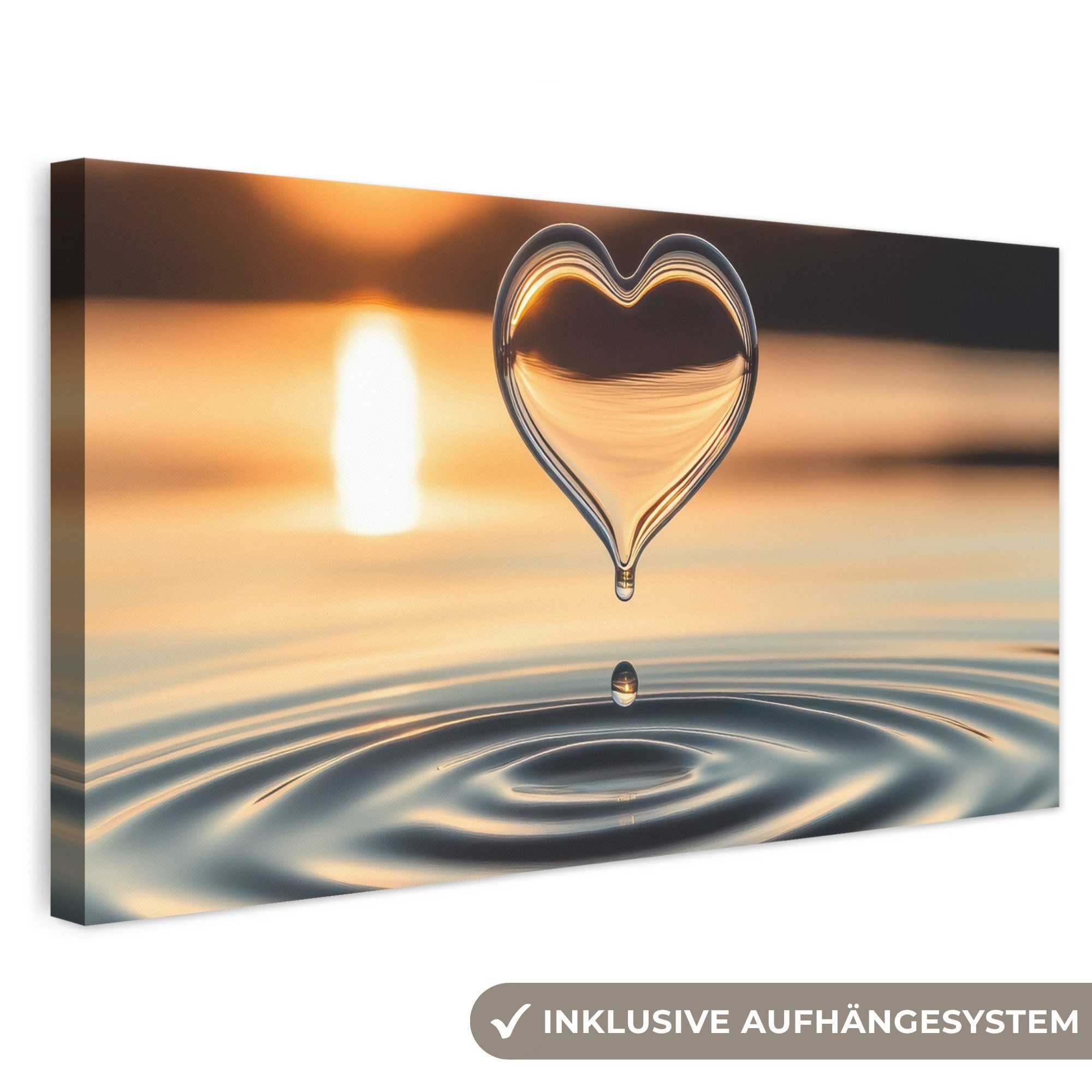 OneMillionCanvasses® Leinwandbild Panorama Herz - Wasser - Sonnenuntergang - Natur - Zen, Fotodruck (1 St), Wandbild, Deko Schlafzimmer Wohnzimmer Flur 40x20 cm