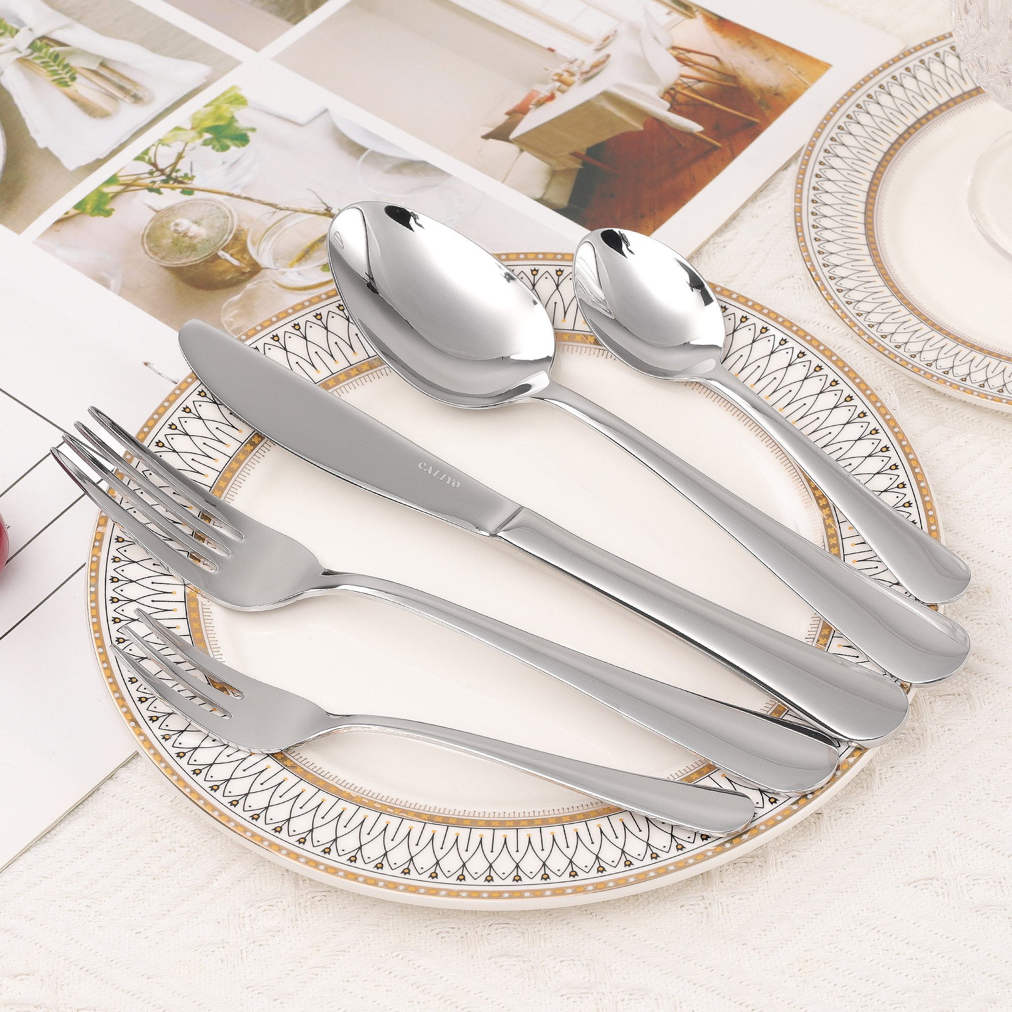 CALIYO Besteck-Set Spülmaschinenfest 30-teilig für 6 Personen aus Edelstahl (60-tlg), 6 Personen, Edelstahl, Poliertes Essbesteck Monobloc-Messer inklusive Messer Gabel Löffel