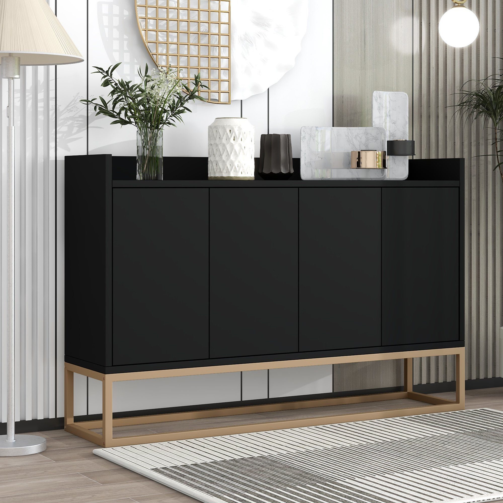 Wohnzimmer, schwarz Sideboard (griffloser Anrichte, Stil für OKWISH Buffetschrank 4-türiger im Küchenschrank Esszimmer, Modernes minimalistischen Küche)