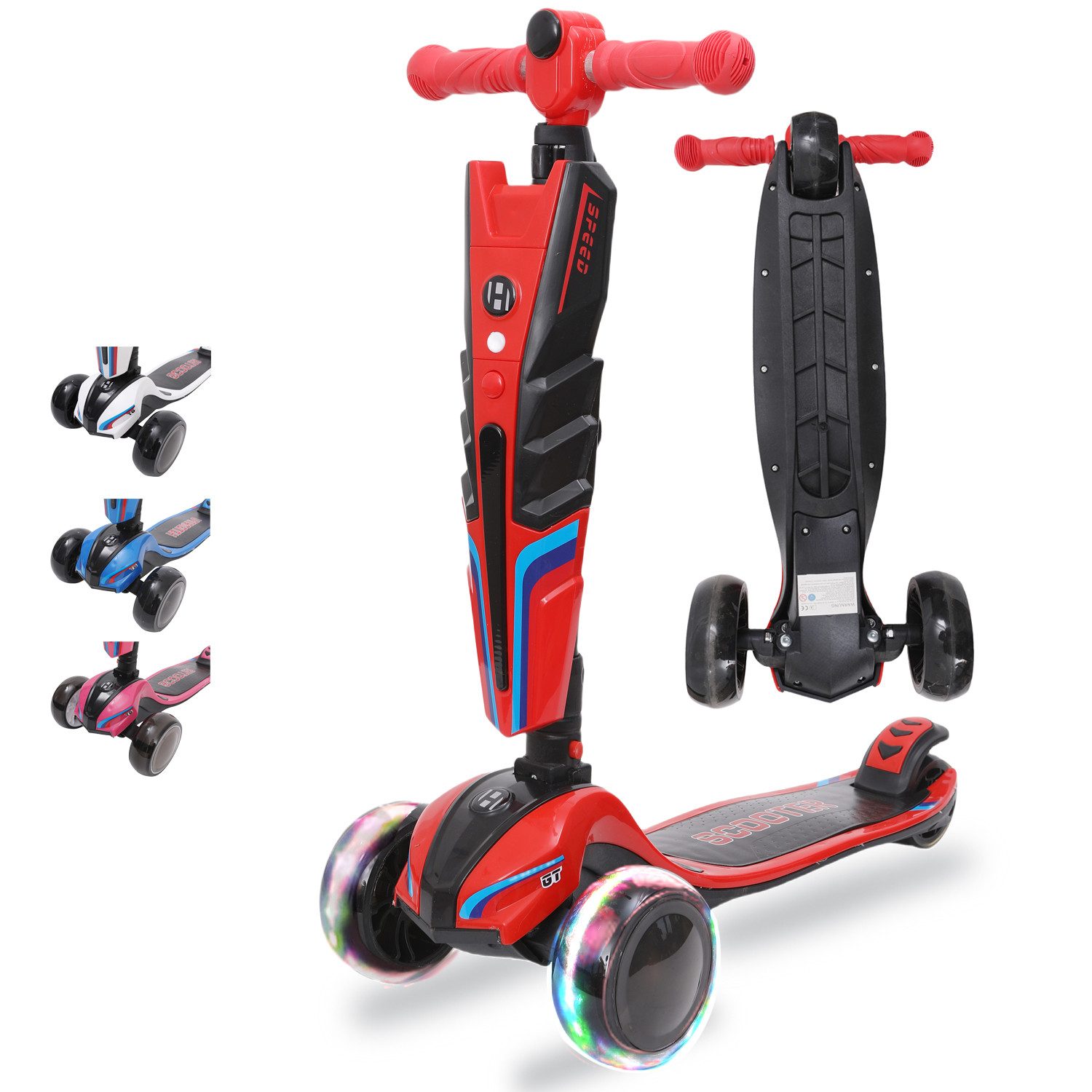 Habib Gruppe Dreiradscooter Kinderroller 3-10 Jahre Lenker höhenverstellbar bis 95 cm LED klappbar, Lenker bis 95 cm, LED-Räder, klappbar, bis 50 kg
