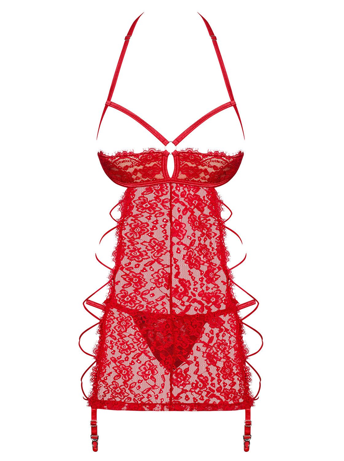 Babydollkleid Elegantes Chemise Rot aus Mesh und Spitze mit Rückenausschnitt und Unt