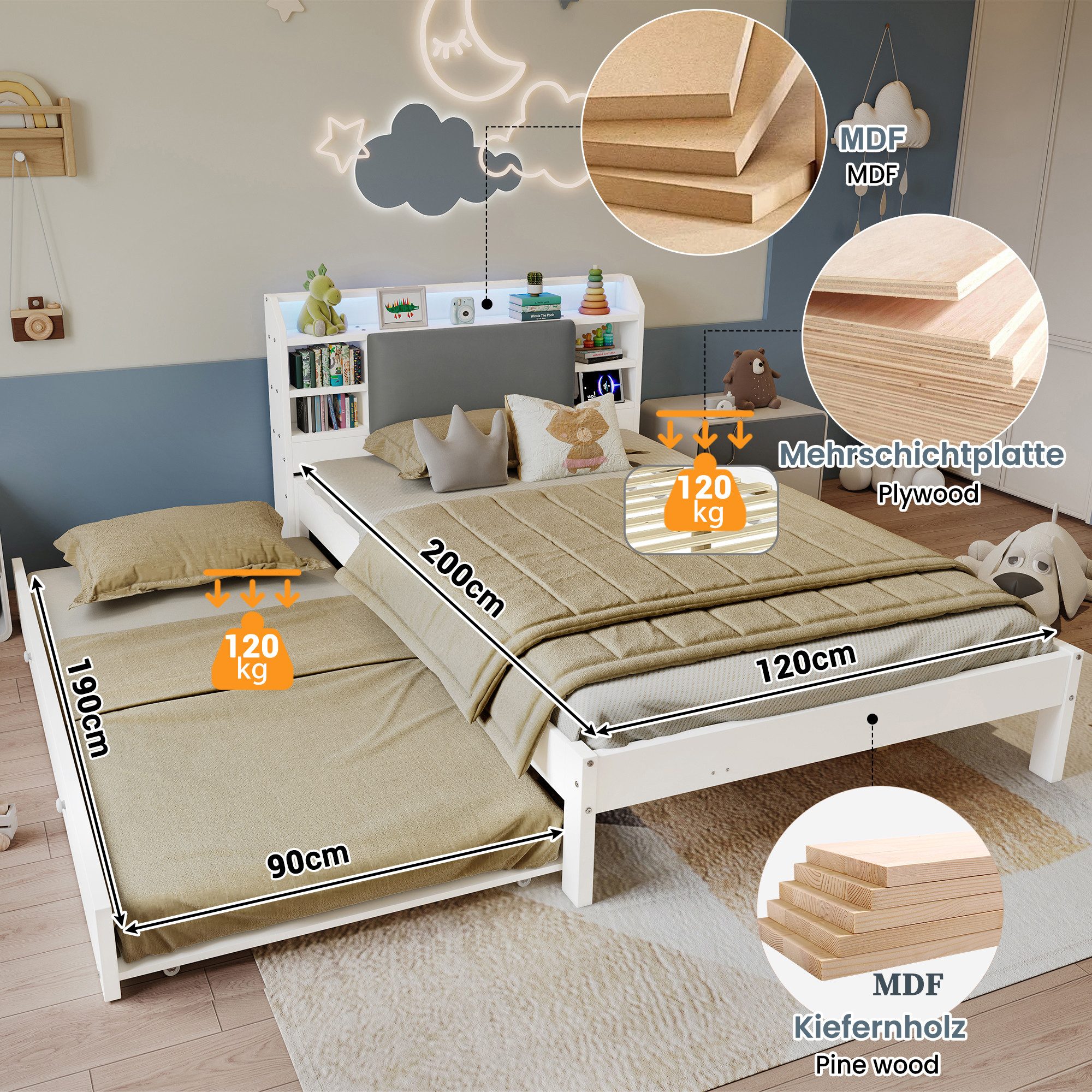 i@home Funktionsbett Holzbett 120x200 cm mit Ausziehbett 90x190 cm, weißes Funktionsbett, Kopfteilregal und Ladestation, Ausziehbett links/rechts montierbar