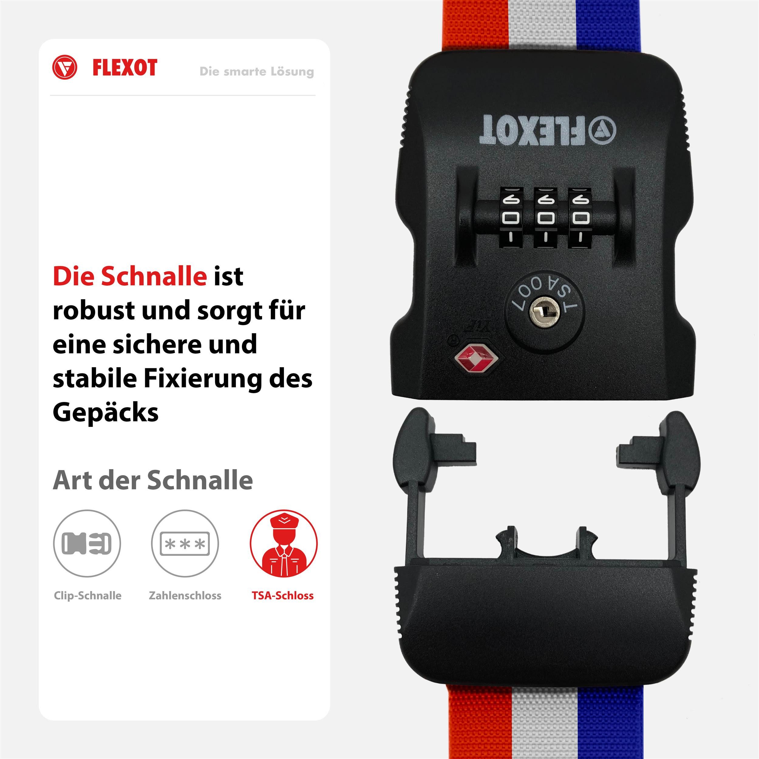 Flexot Koffergurt Koffergurt mit Zahlenschloss & TSA, verstellbare Länge, Namensschild, Flexibel anpassbarer und stabiler Gurt mit praktischer Schnalle