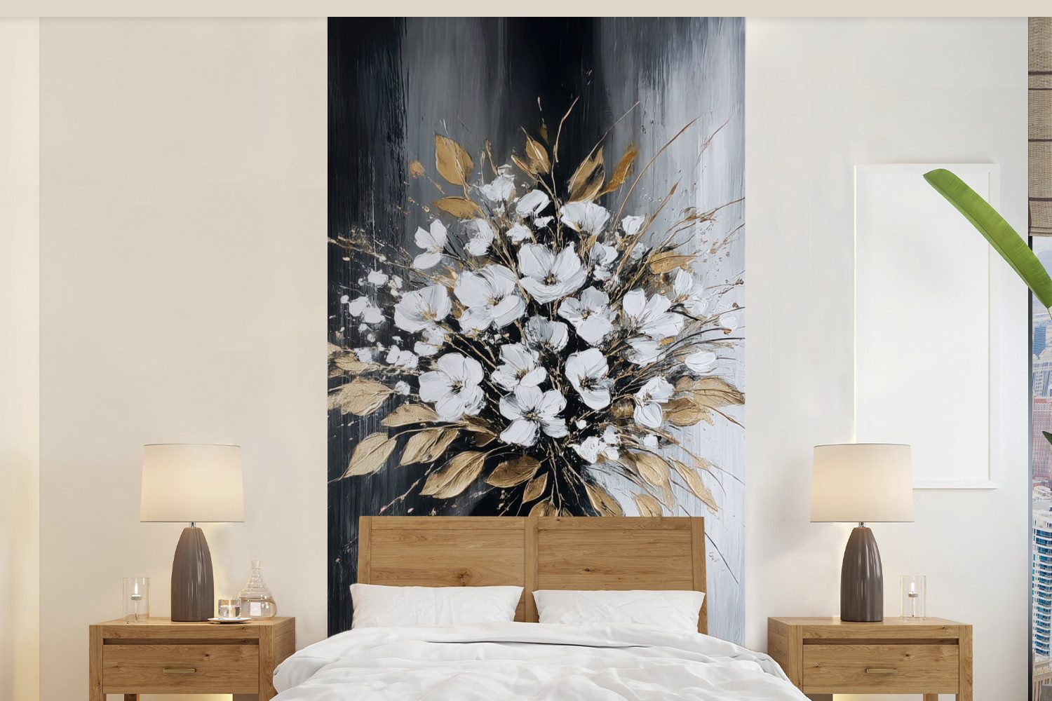 MuchoWow Fototapete Blumen - Weiß - Vase - Abstrakt, Matt, bedruckt, Vliestapete für Wohnzimmer Schlafzimmer Küche, Fototapete, 120x240 cm