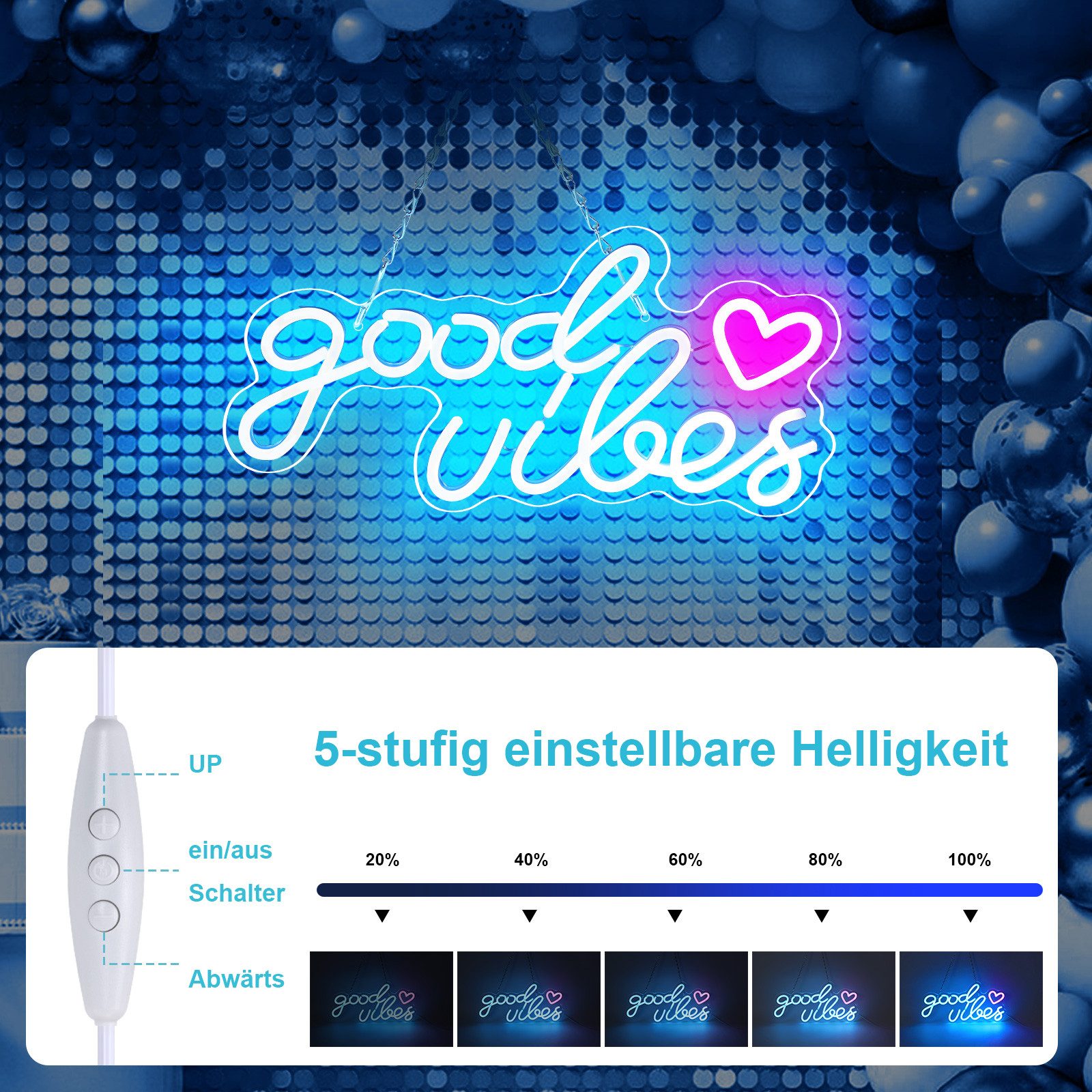 JIBENNEON Dekolicht LED-Neonlicht Good Vibes Dimmer,Blau/Rosa LED Neon Lampe USB, USB betrieben,für Geburtstagsfeier, Hochzeitsdekoration
