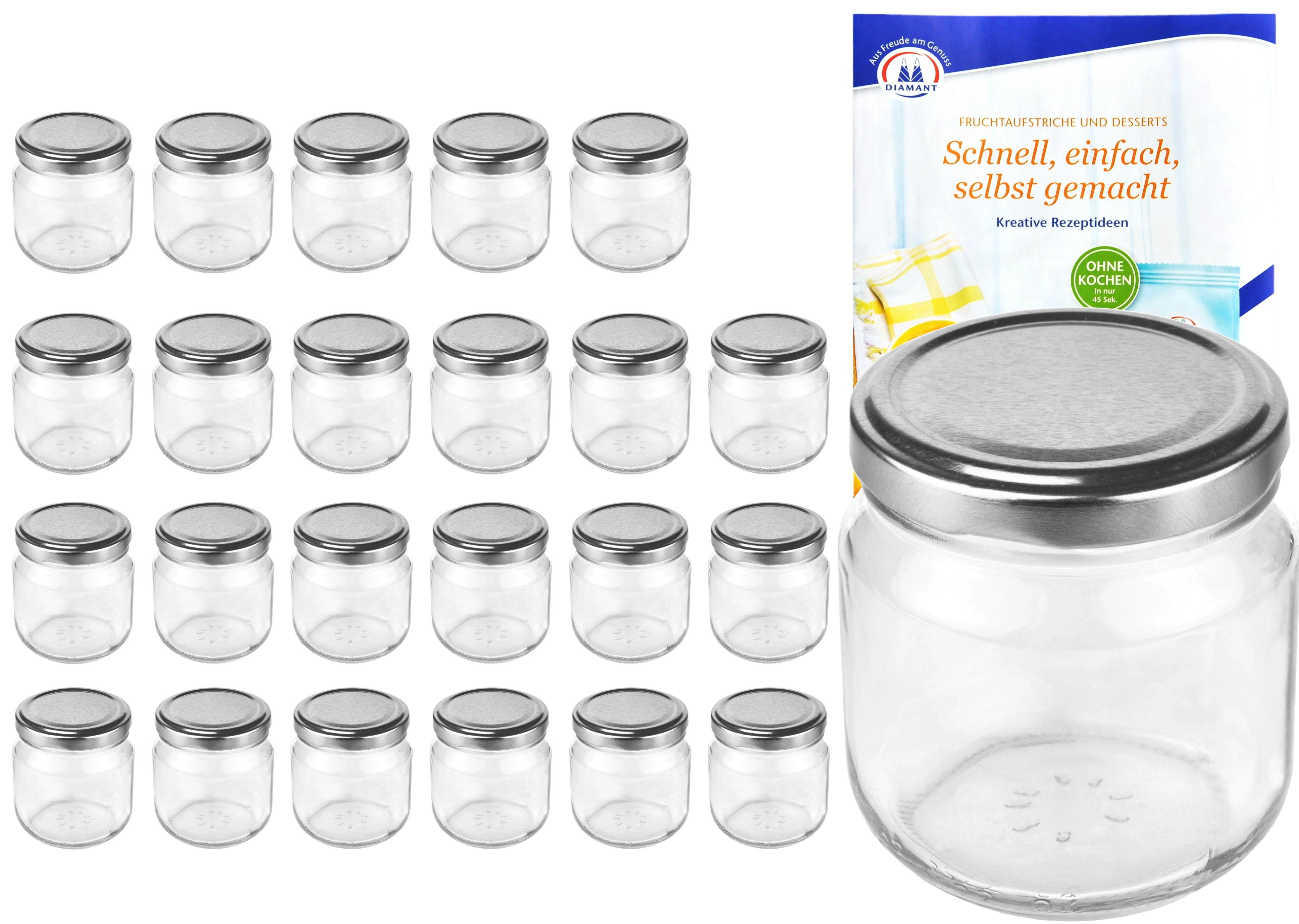MamboCat Einmachglas 24er To 212 ml nieder Set Glas Rezeptheft, Rundglas silberner Deckel 66 incl