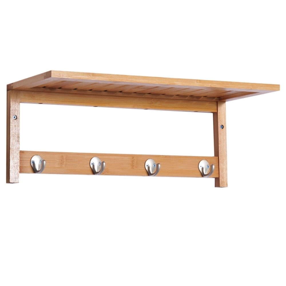 BBG Wandgarderobe Wandgarderobe Bambus mit Ablage & 4 Haken, Garderobenleiste Holz 50 cm (Wandregal mit Haken zur Wandmontage, Flurgarderobe platzsparend), Jackenhalter, Schlüsselbrett Natur