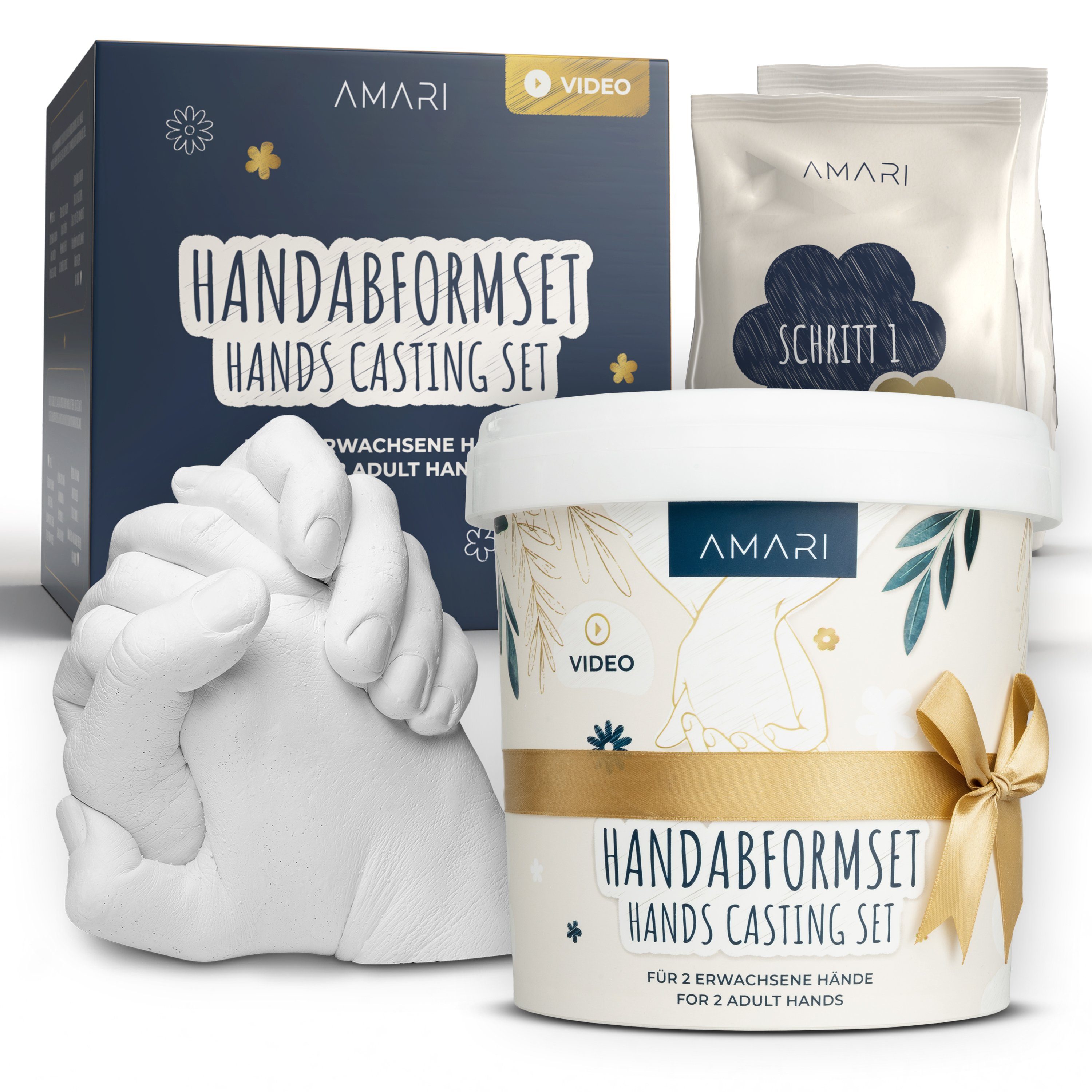 Amari Handabdruck-Set Geschenkidee für Paare, Familie & Freundin - 3D Gipsabdruck, Komplettset, 1 Abdruck für 2 Hände, inkl. Videoanleitung, Geschenk zu Valentinstag, Jahrestag & Hochzeit