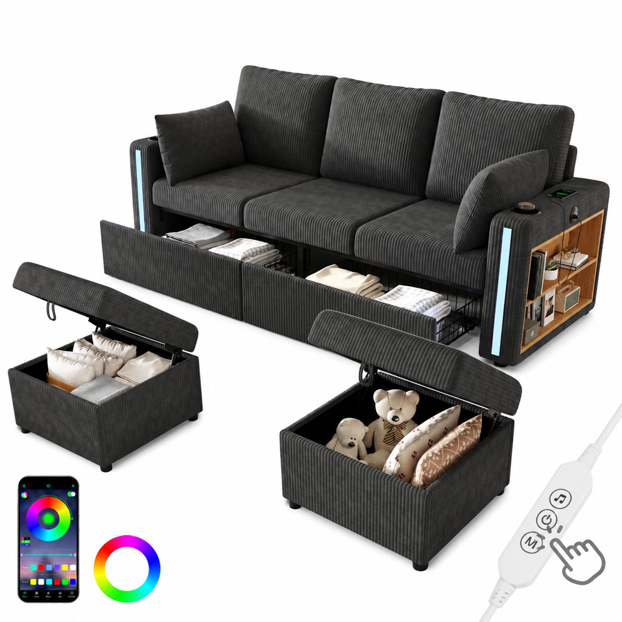 Merax Sofa 5-Sitzer-Sofa mit LED-Beleuchtung, USB/Type-C-Ladeanschlüssen, U-/L-Form Sofa, 190x130x85cm 1 Teile, Modulares Sofa mit 2 Stauraumhockern, Getränkehalter & Schubladen