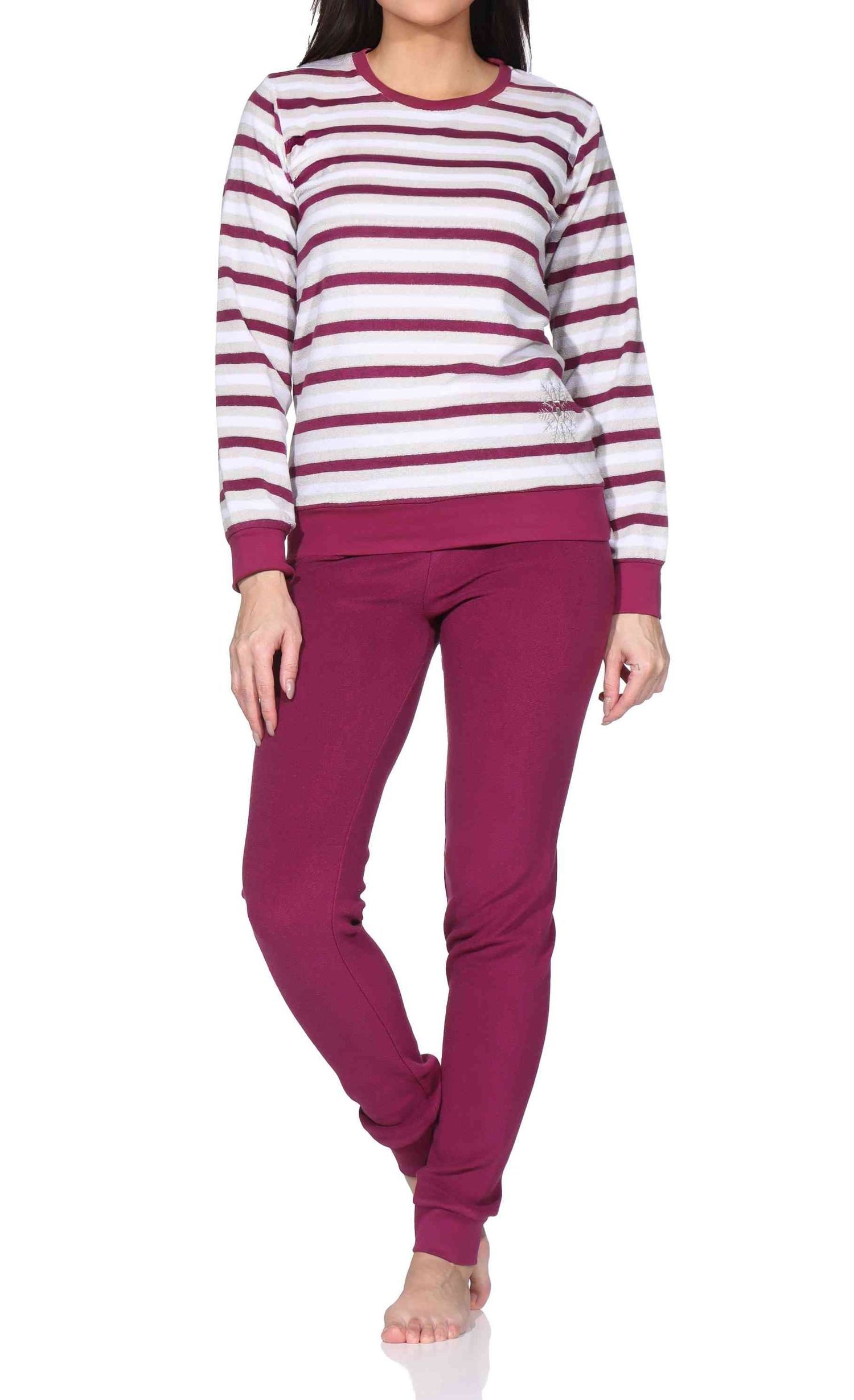 Normann Pyjama Damen Frottee Schlafanzug Pyjama in Ringel-Optik + Eiskristall-Motiv – Bild 2 von 5