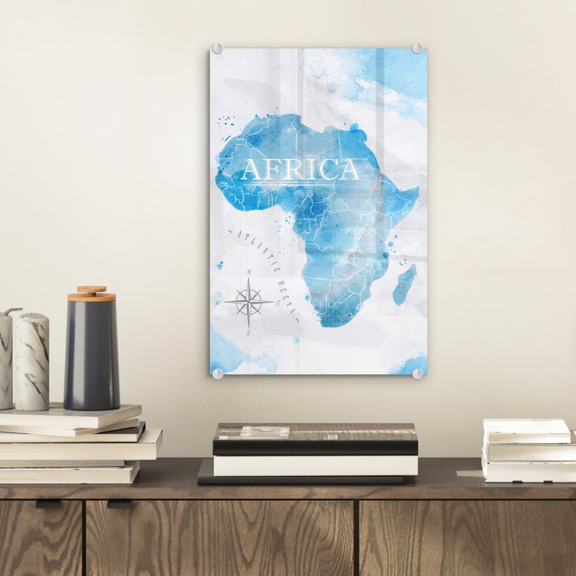 MuchoWow Glas - St), Bilder Wandbild - - Afrika Glas Karten (1 Acrylglasbild Foto - auf - Wanddekoration auf Glasbilder Aquarell,