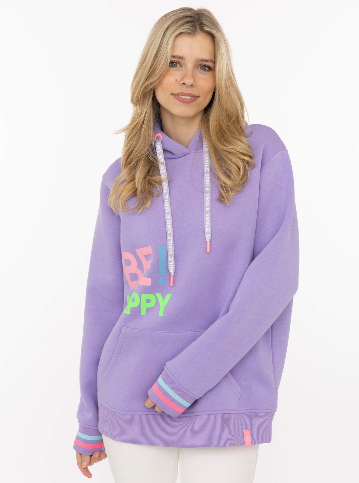 Zwillingsherz Hoodie "Be Happy!" gestreifte Bündchen, Aufdruck auf Brust, Kapuze, Kängurutasche