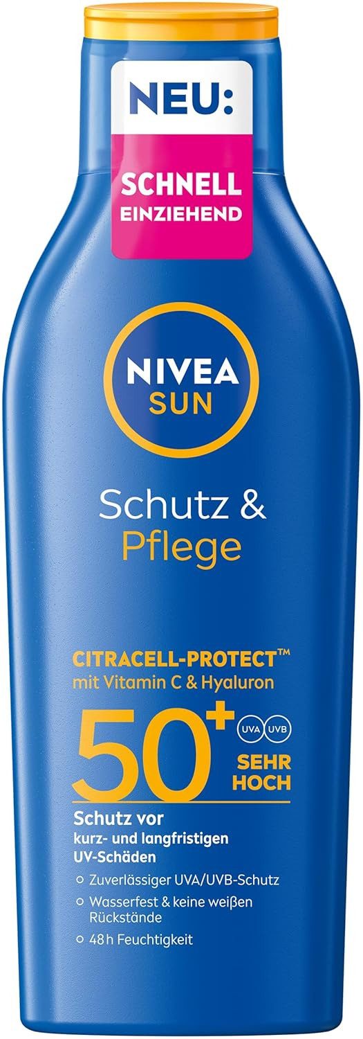 Nivea Sun Sonnenschutzlotion SUN Schutz & Pflege Sonnenlotion LSF 50+, Vitamin C & Hyaluron