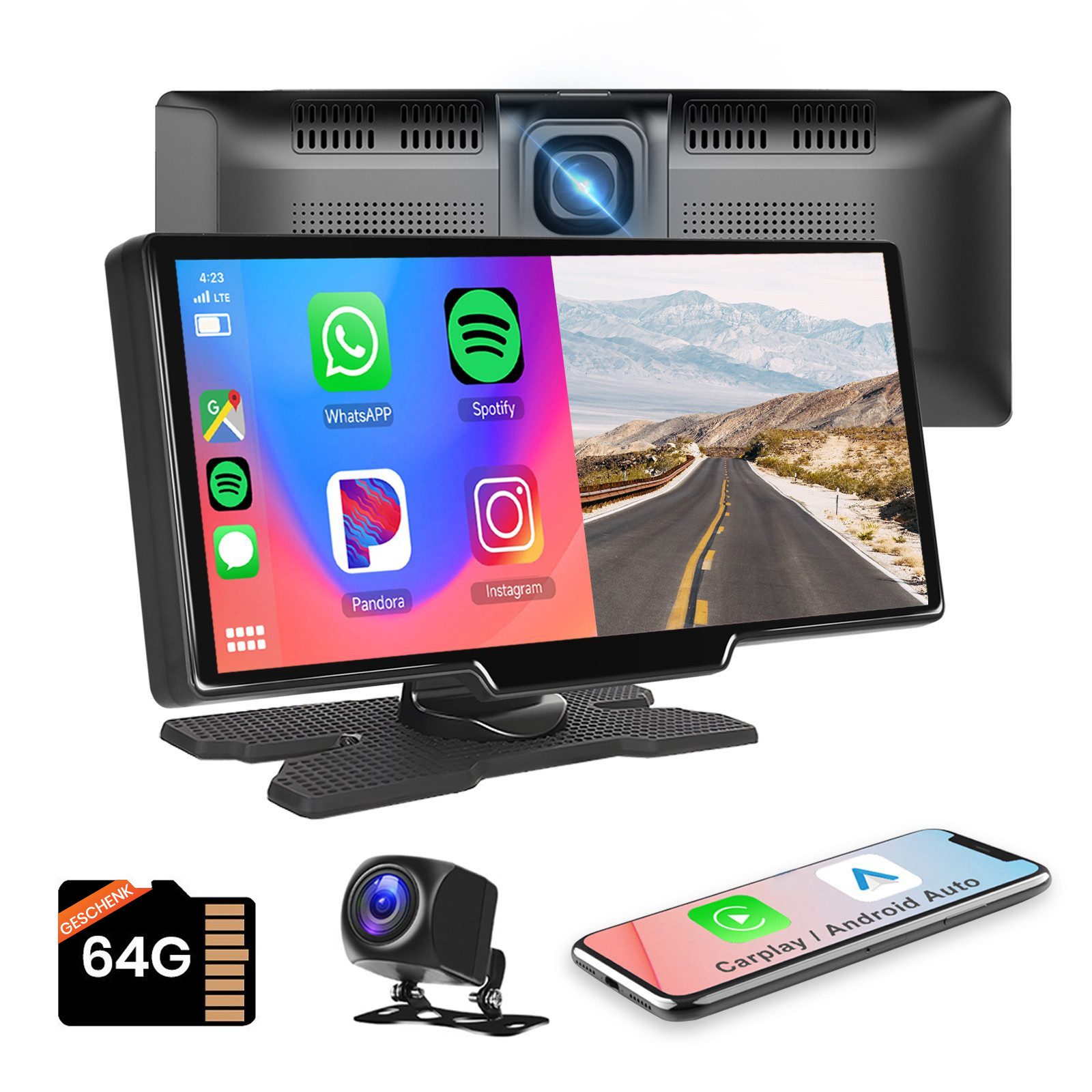 Hikity 9.3 Zoll Smart Screen Player Carplay Auto Display Navi mit Kamera Navigationsgerät (Mirror Link, FM, AUX, 64 TF-Karte, 1080P Rückfahrkamera)