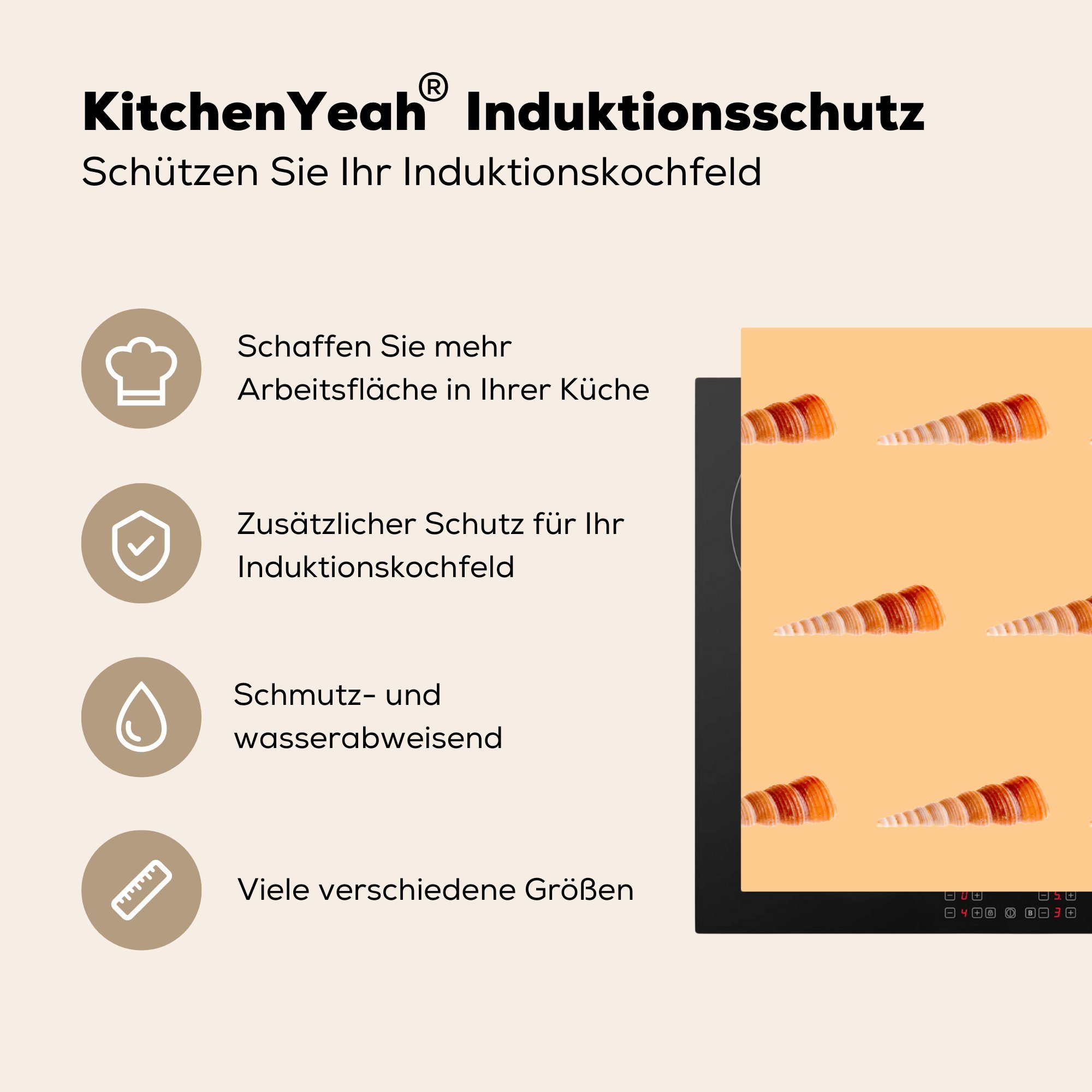 Vinyl, tlg), 81x52 cm, Orange, Herdblende-/Abdeckplatte die - Ceranfeldabdeckung Schutz küche, Muster Muscheln Induktionskochfeld - für (1 MuchoWow
