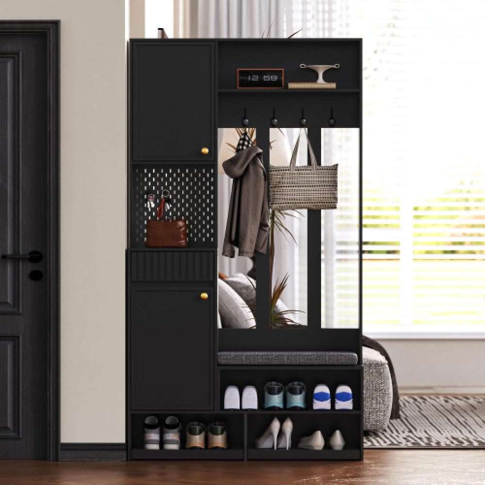 BBWL Garderobenschrank Garderobenset mit Sitzbank und Stauraum – Flurgarderobe mit 4 Haken Türen, Schubladen & Lochwand, MDF, 100x180x35 cm