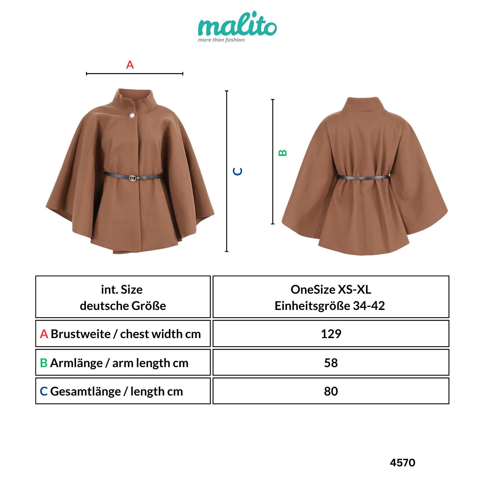malito more than fashion Kurzmantel Cape mit Gürtel 4570 eleganter Cape-Poncho mit Gürtel Einheitsgröße