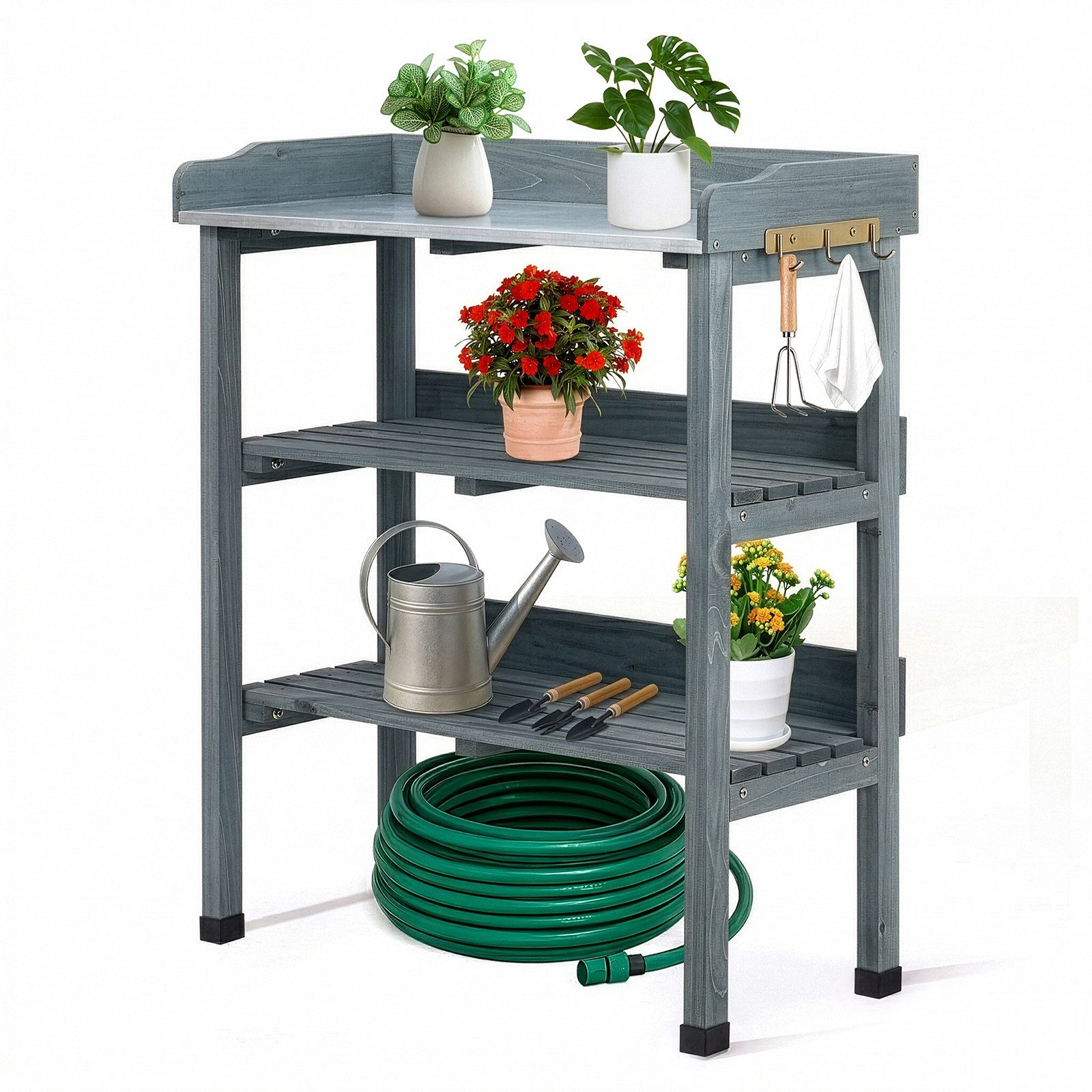 LALAHO Pflanztisch 3 Ablagen, Gärtnertisch mit verzinkter Arbeitsplatte, Garten-Blumentisch für Outdoor, wetterfest, 74x36x90cm, Grau