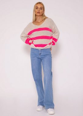 SASSYCLASSY Strickpullover Oversize Pullover Damen aus weichem Grobstrick Lässiger Strickpullover mit Streifen und V-Ausschnitt, Made in Italy