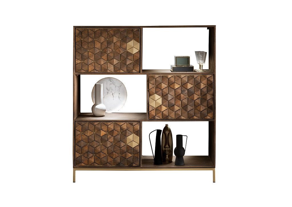 Main Möbel Standregal 130x143cm "Assuan" Mango & Metall goldfarbig