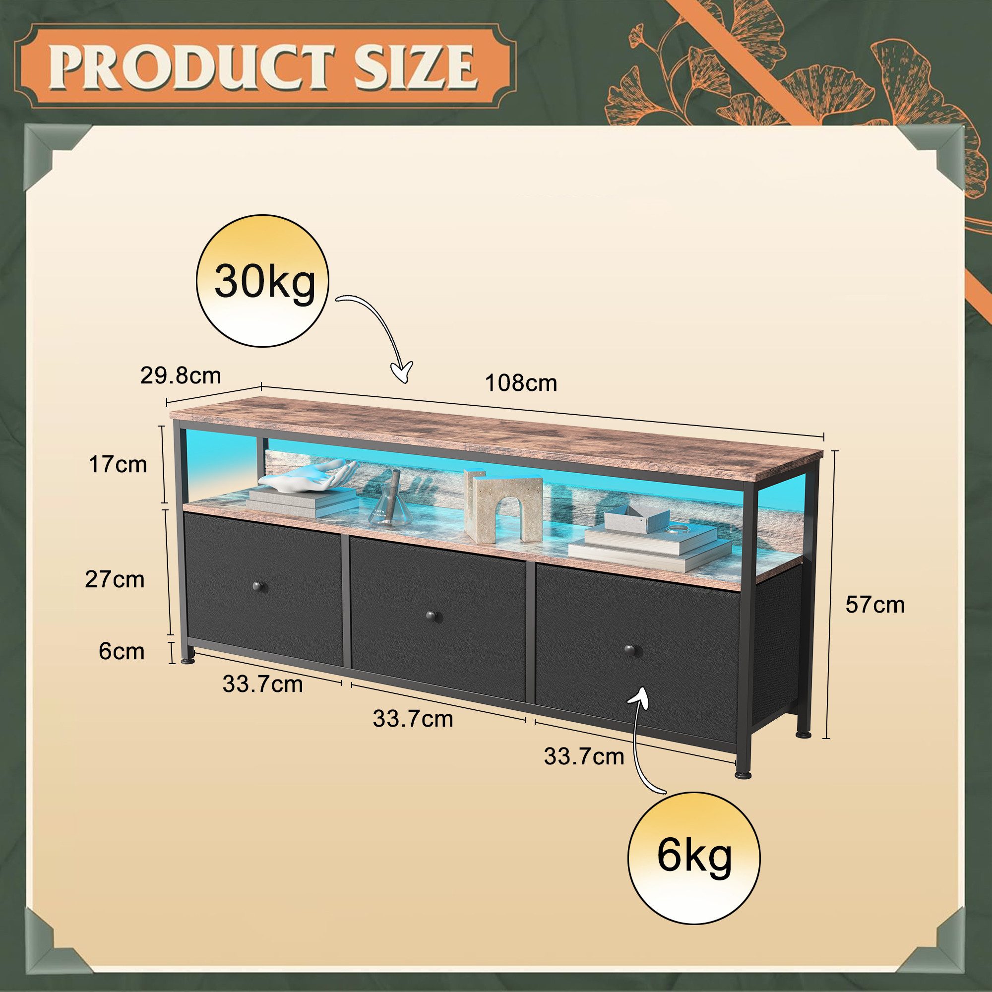 Gdood TV-Schrank Schreibtisch Beistelltisch LED (1-St., Höhenverstellbare Füße, 108 x 30 x 57 cm) Mit Schubladen und 7-farbigen variablen LED-Leuchten,PU-Stoffschublade
