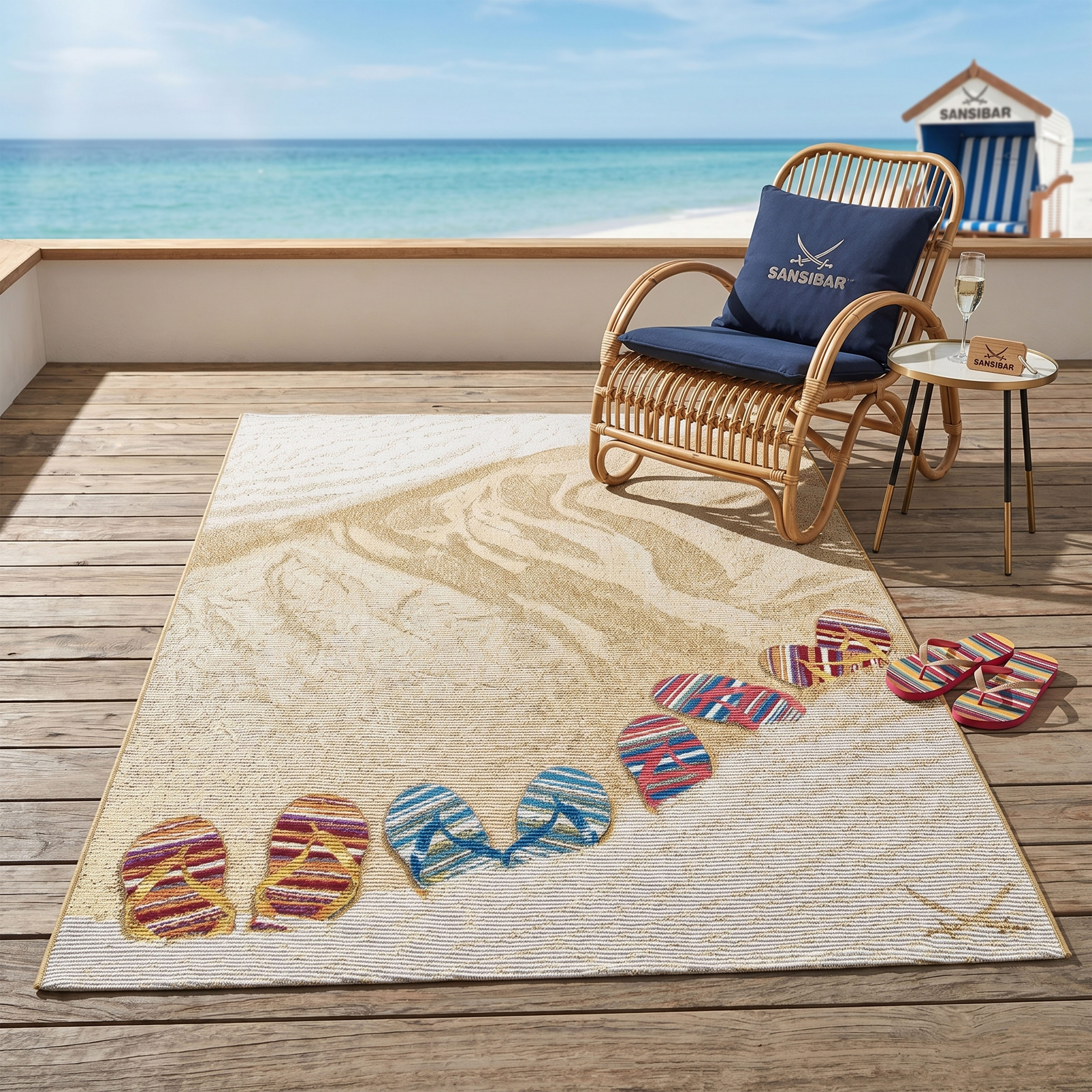 Sansibar Teppich Rantum Beach SA-017, rechteckig, Höhe: 5 mm, Flachgewebe, modernes Design, Motiv Badelatschen, Outdoor geeignet