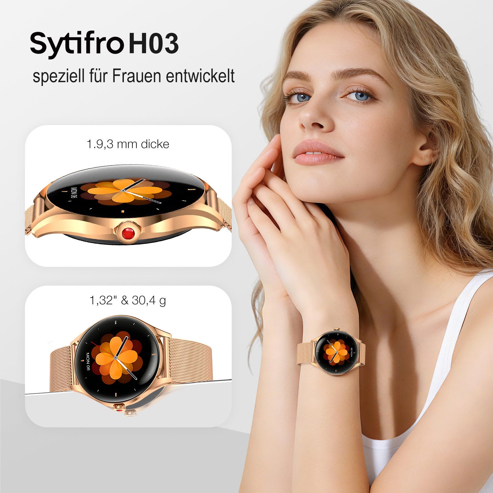 Sytifro H03 Smartwatch Damen, 3D-Kugelglas, AMOLED Always-On, 300 mAh (7 Tage) Smartwatch (1.32" cm) Zwei Armbänder, Ultra High Quality Exquisite Damenuhr. Bluetooth 5.3 Sport uhr, IP67 wasserdicht Fitness Tracker Damen. Gesundheits Uhr mit Schrittzähler, Herzfrequenz und Blutsauerstoff, Schlafüberwachung, Herzfrequenz, Schlafüberwachung, 2 Jahre Garantie, verfügbar für Android 4.4+ / iOS 10.0+