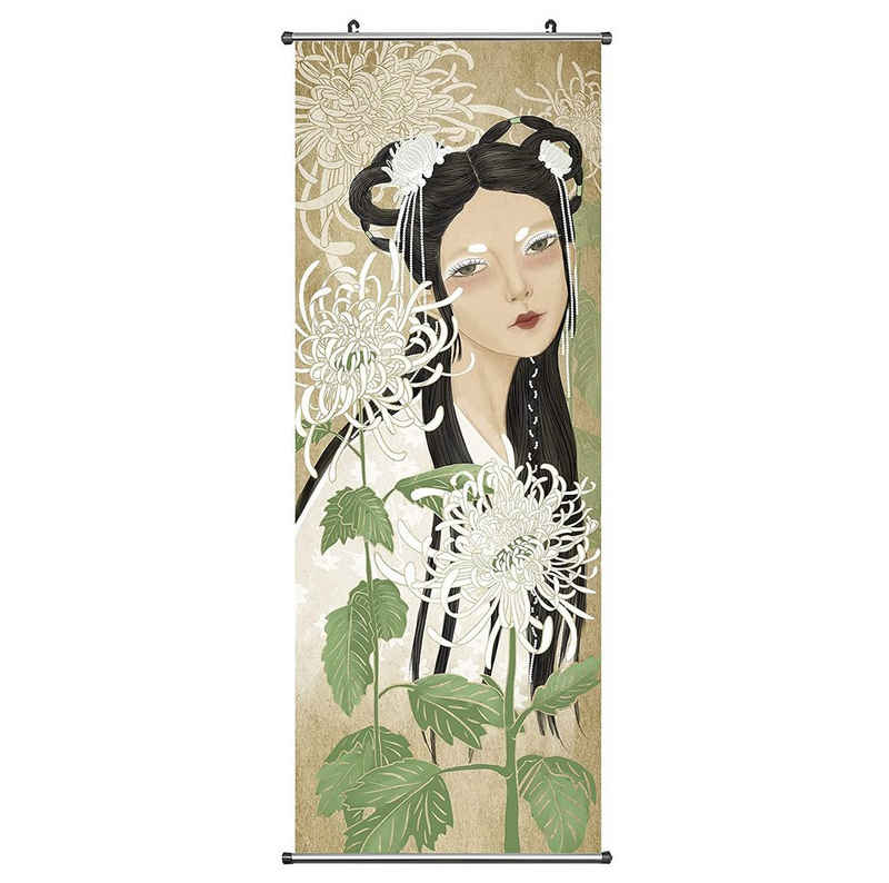 GalaxyCat Poster Asiatisches Kakemono, Rollbild aus Stoff 100x40cm, Motiv: Schönheit, Schönheit mit Chrysantemen, Asiatisches Rollbild / Wallscroll