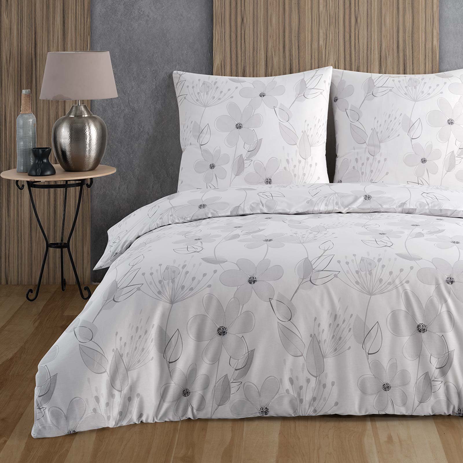 Bettwäsche, Buymax, Renforce: 100% Baumwolle, 3 teilig, 200x220 cm mit Reißverschluss Bettbezug-Set geblümt Blumen, Weiß Grau