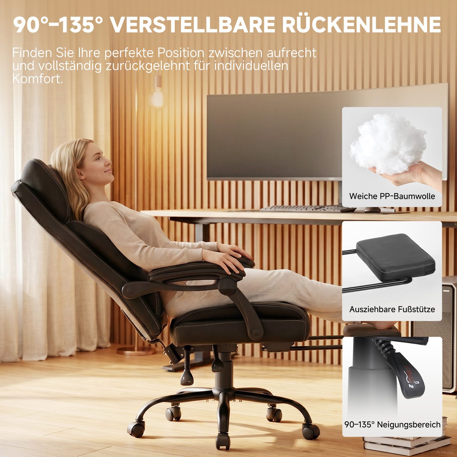 GTPLAYER Gaming-Stuhl Ergonomischer Bürostuhl mit Fußstütze und Lendenstütze Chefsessel, breiter Computersessel, Höhenverstellbar, Federkernsitz – Bild 5 von 5