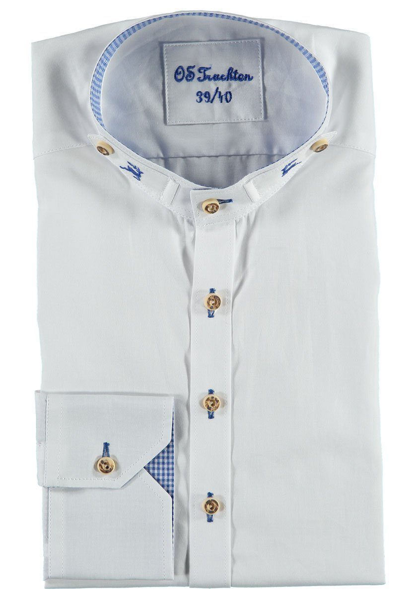 Omsaya OS-Trachten Langarmhemd Riegel Trachtenhemd mit Stehkragen besticktem mit weiß-mittelblau