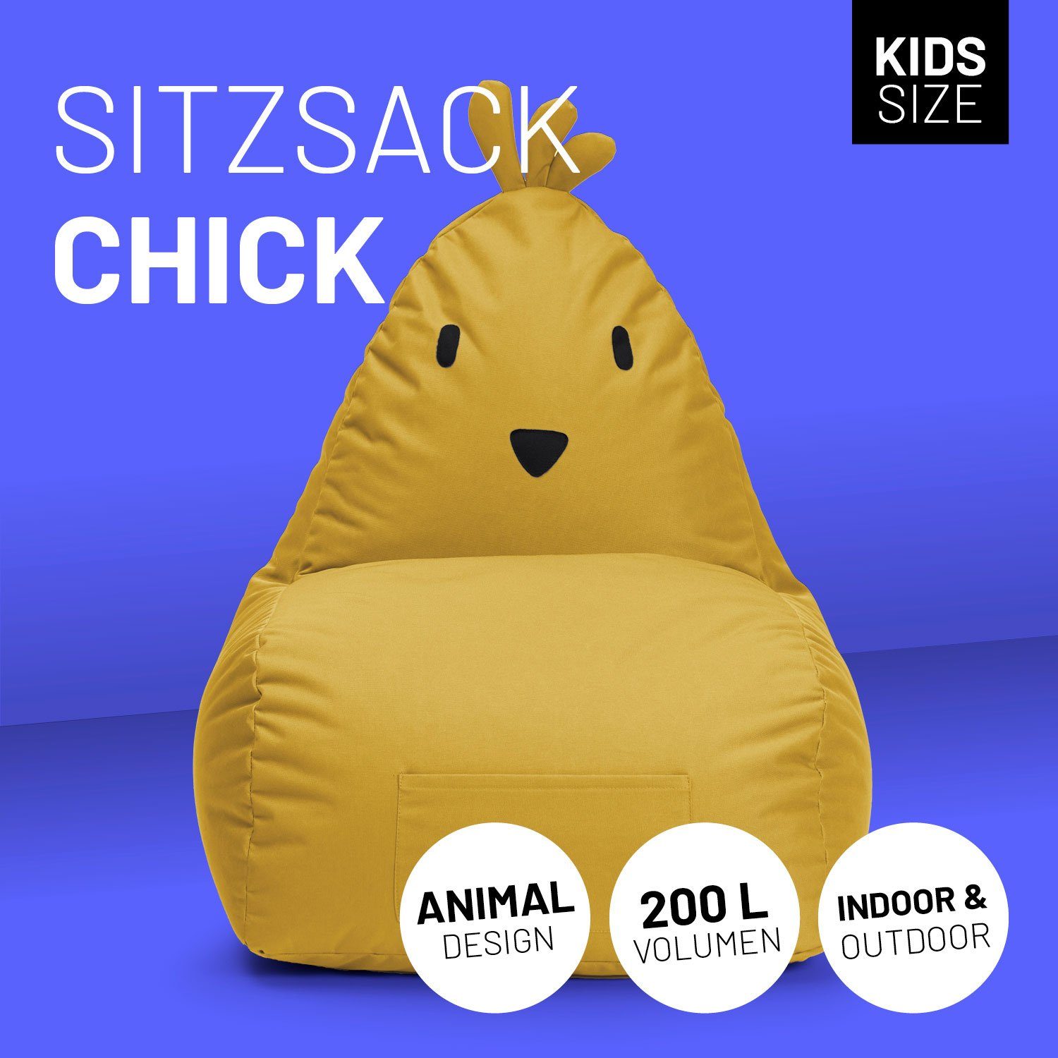 Kinderzimmer, Kindersitzkissen, Tier niedliches Chick Sitzsack im pflegeleicht cm, Senfgelb Kissen Effekt Wow Kinder Lumaland 80x75x75